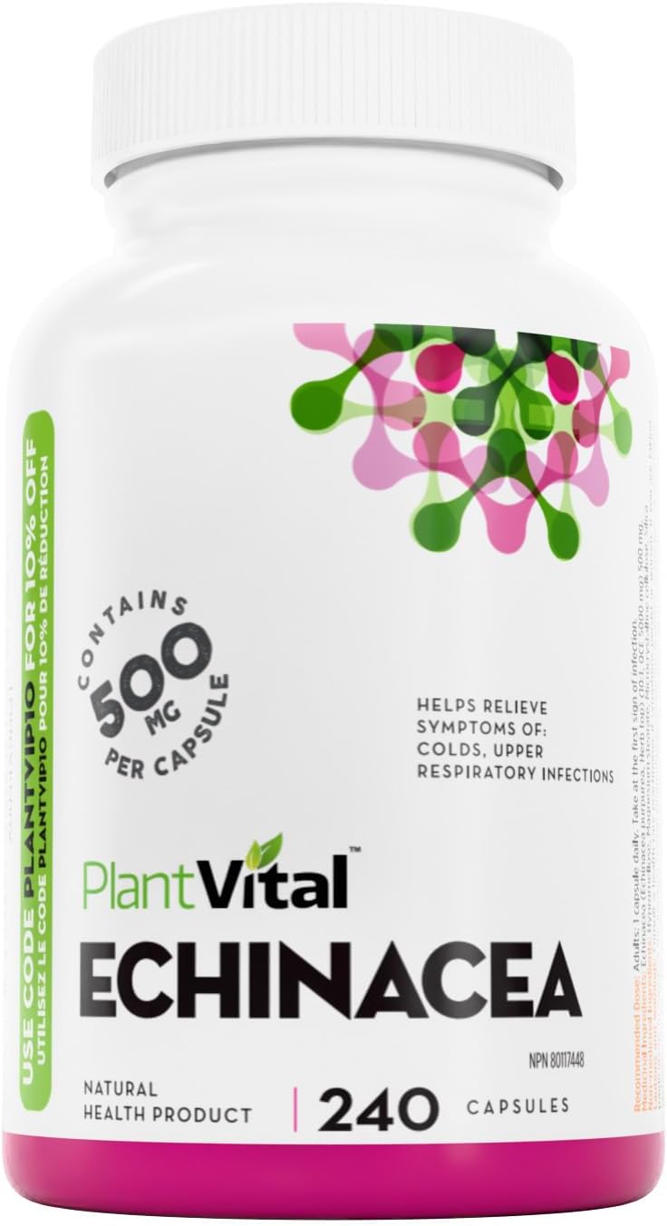Detalle de PlantVital Organic Echinacea Capsules, 10:1 Extract, 240 Count, Vegan