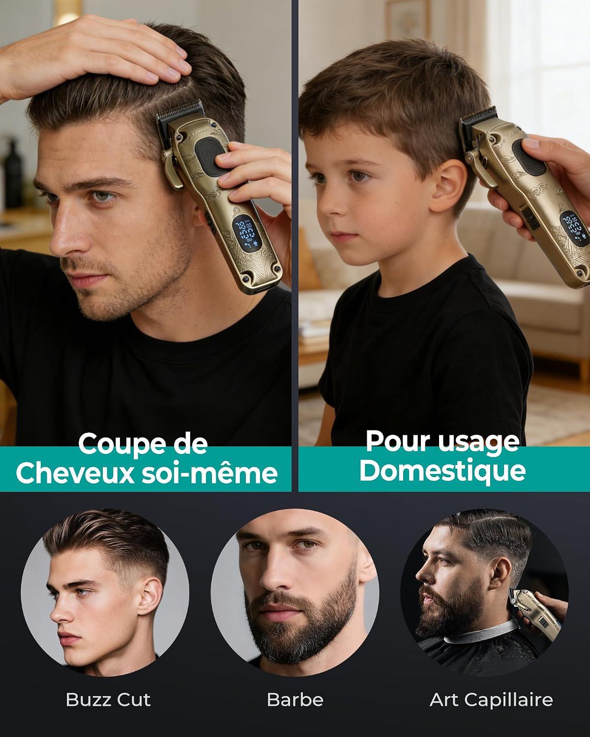Thumbnail 4 de VGRPRO Tondeuse Cheveux Hommes Professionnel — Kit sans fil avec étui et LED (Gloden)