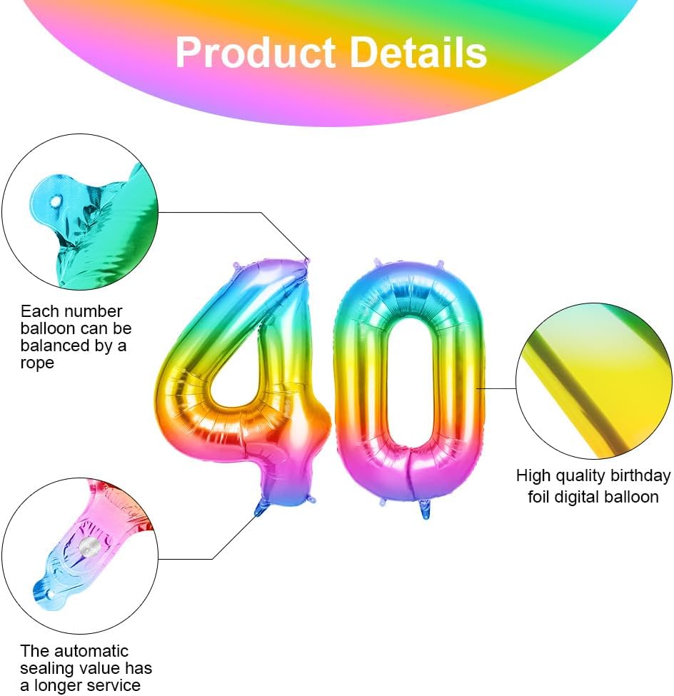 Thumbnail 2 de OFFCUP Ballon d’anniversaire 40 ans arc-en-ciel avec chiffre 101 cm (foils) — lot de 2