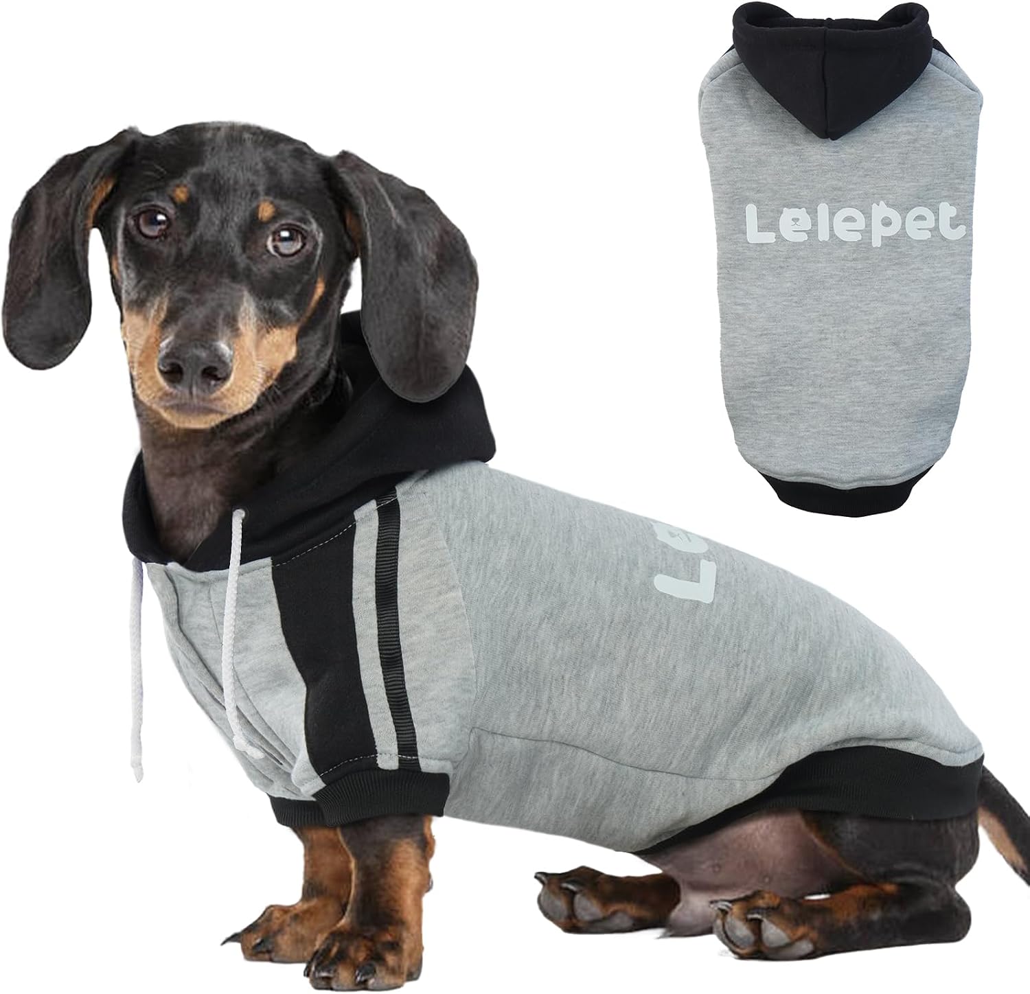 Detalle de LeLePet Dachshund Hoodie Grey L – warm cotton fleece dog sweatshirt with hoodie and lead hole