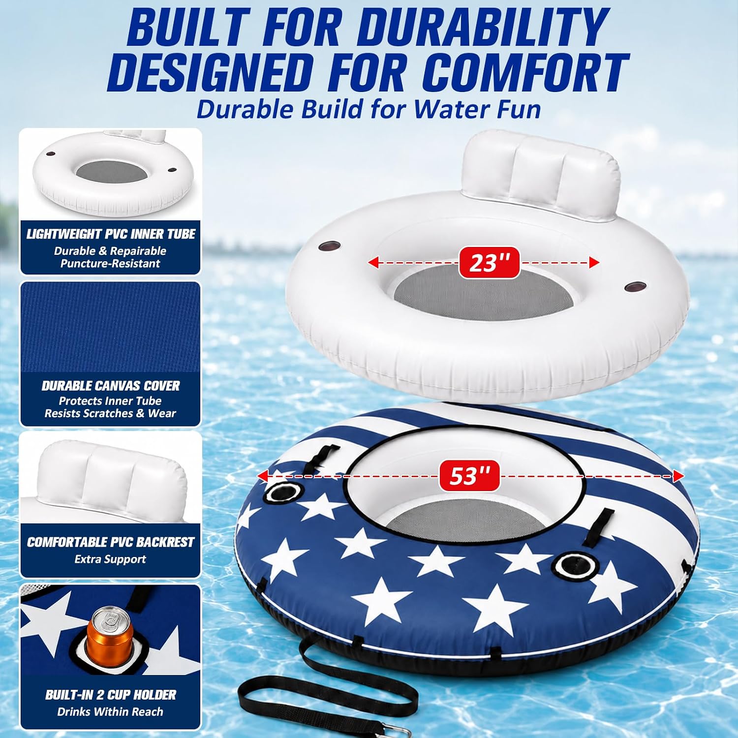 Detalle 2 de ZEALFEEL River Tube 53'': Premium Canvas Cover Inflatable River Float with Backrest, Cup Holders, and Tow Capabilities