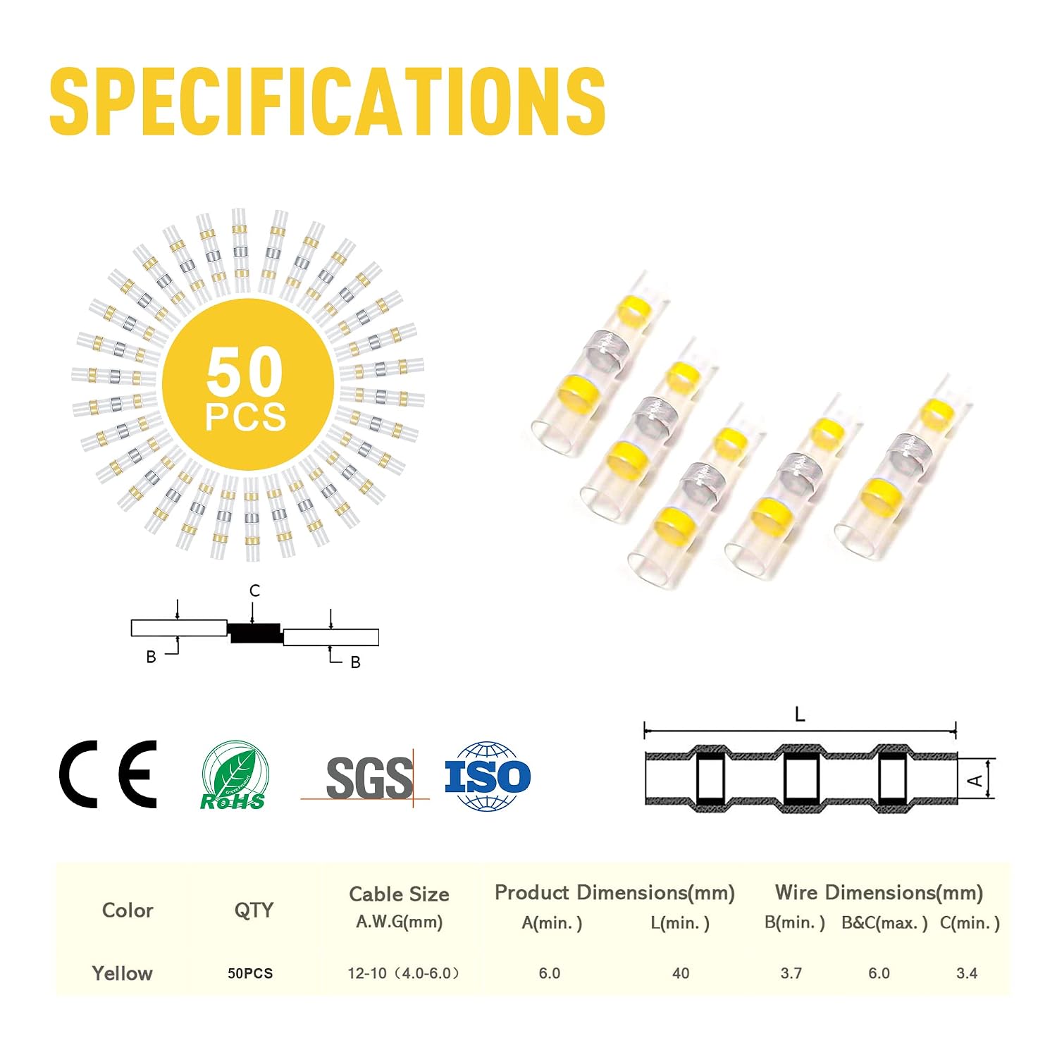 Detalle 2 de Kuject Lötverbinder mit Schrumpfschlauch, 50 Stück (wasserdicht), für 4,0–6,0 mm² / AWG 12–10 (Gelb)