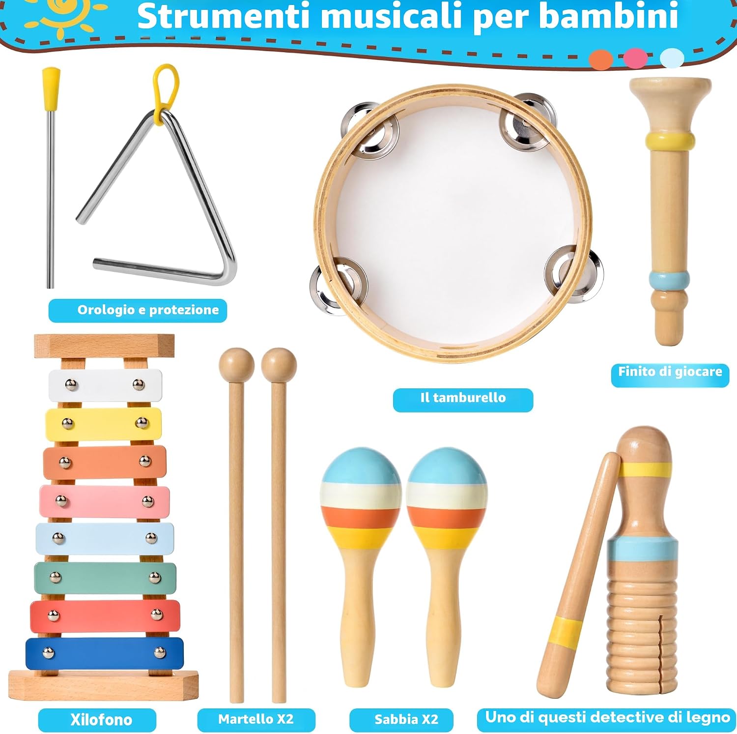 Detalle de Set strumenti musicali in legno Montessori 6 in 1 per bambini (1 anno) con maracas, xilofono e tamburi