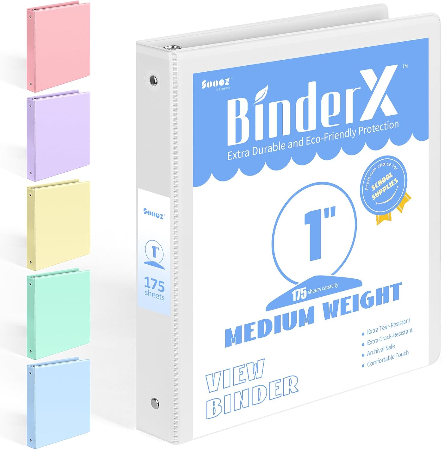 Detalle de Sooez BinderX SZA1601-0201A 1-Inch 3-Ring Binder, White, PVC-Free