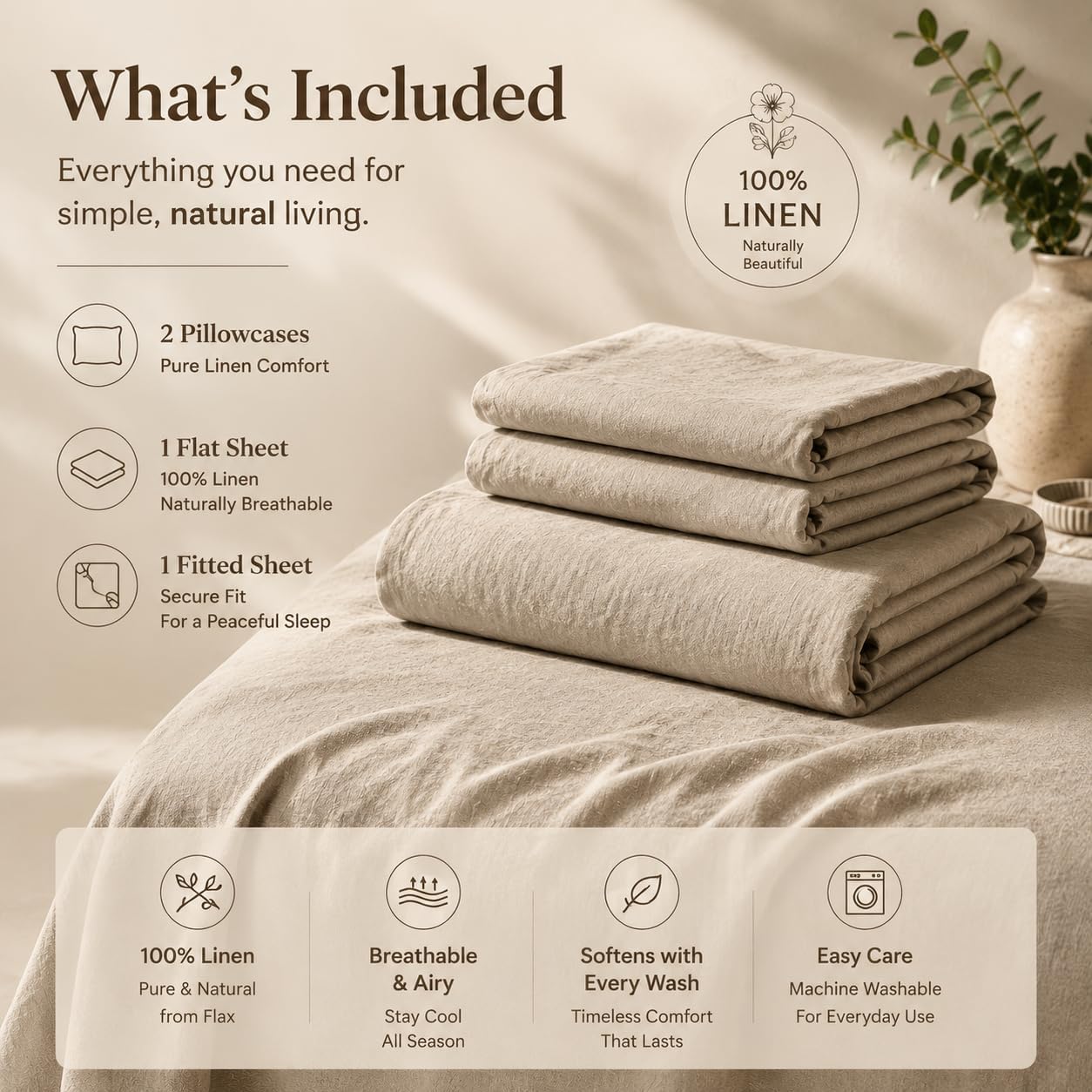Detalle de MEISHANG 100% French Pure Linen Sheets Queen Size (4-Piece Set) with 16" Deep Pocket