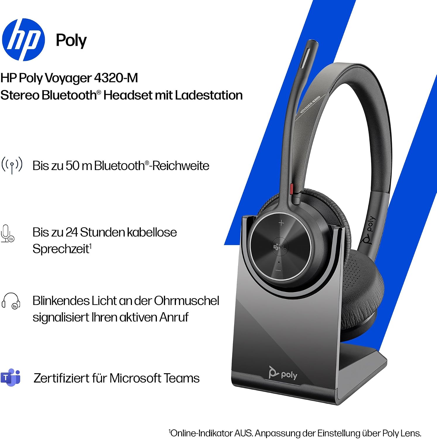 Thumbnail 1 de Schnurloses Poly Voyager 4320 UC-Headset mit Ladestation – Stereo, Noise Cancelling Mikrofonarm, Bluetooth-Verbindung zu PC/Mac/Smartphone
