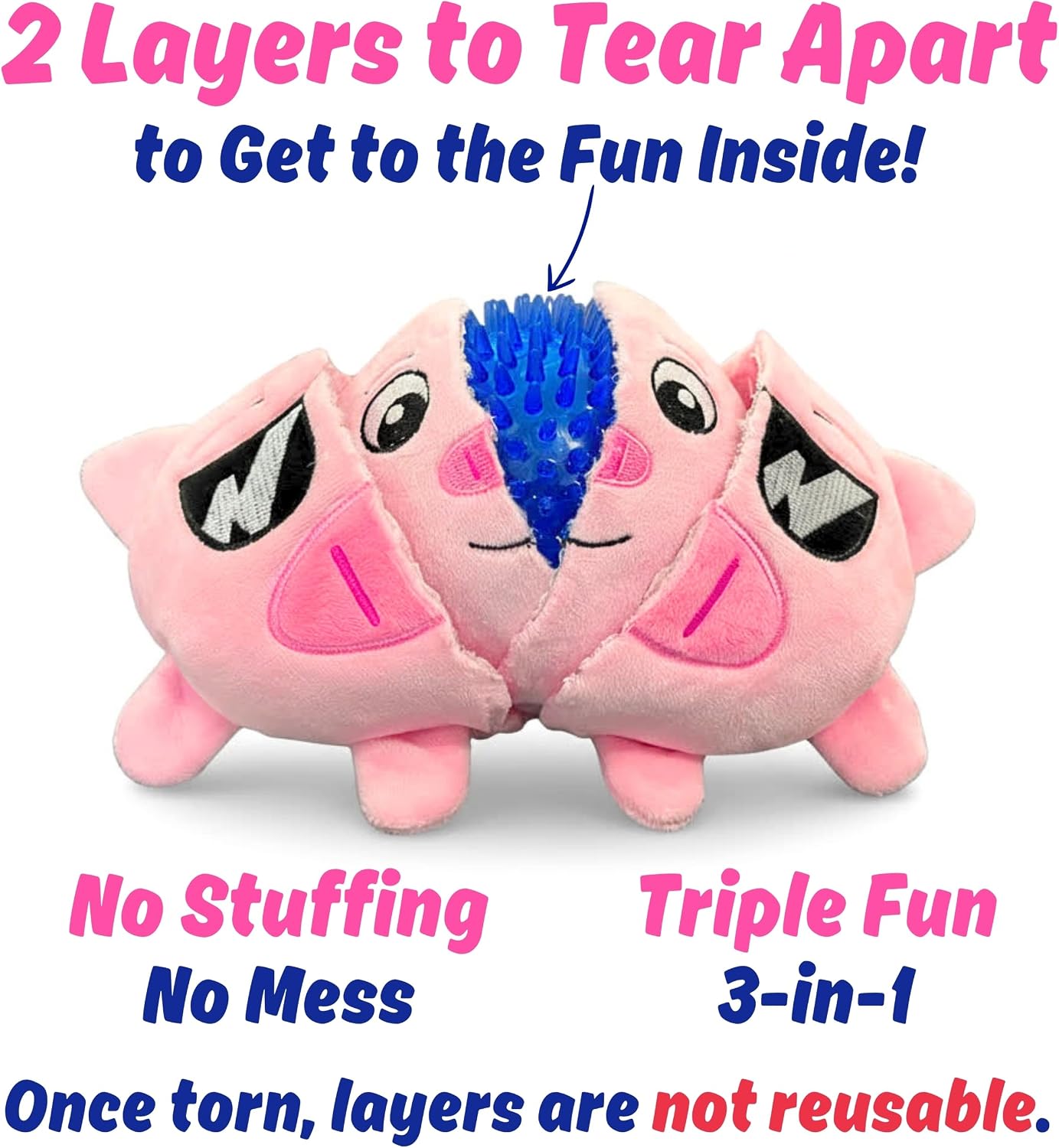 Detalle de PeppyPawz Piggy 3-in-1 Plush Dog Chew Toy – Durable Squeaky Toy with No Stuffing