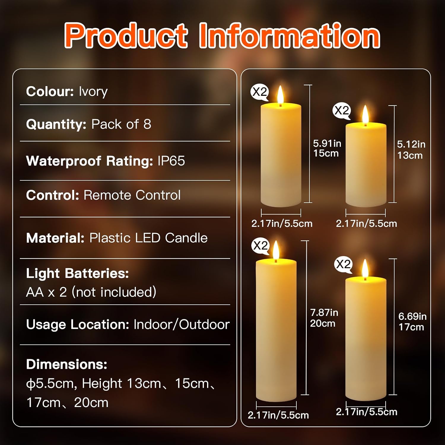 Detalle 2 de Set Ketom 8 candele LED Fiamma Oscillante con telecomando e timer (avorio) per esterni