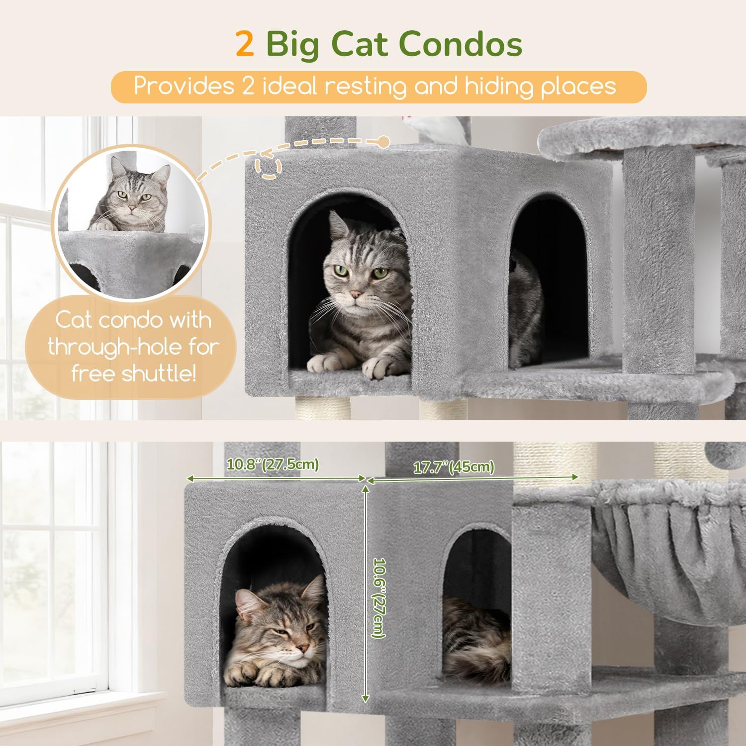 Thumbnail 2 de Globlazer Kratzbaum Groß XXL S82 (209 cm) mit 2 Katzenhäusern, 3 Körben & 8 Sisal-Kratzsäulen – hellgrau