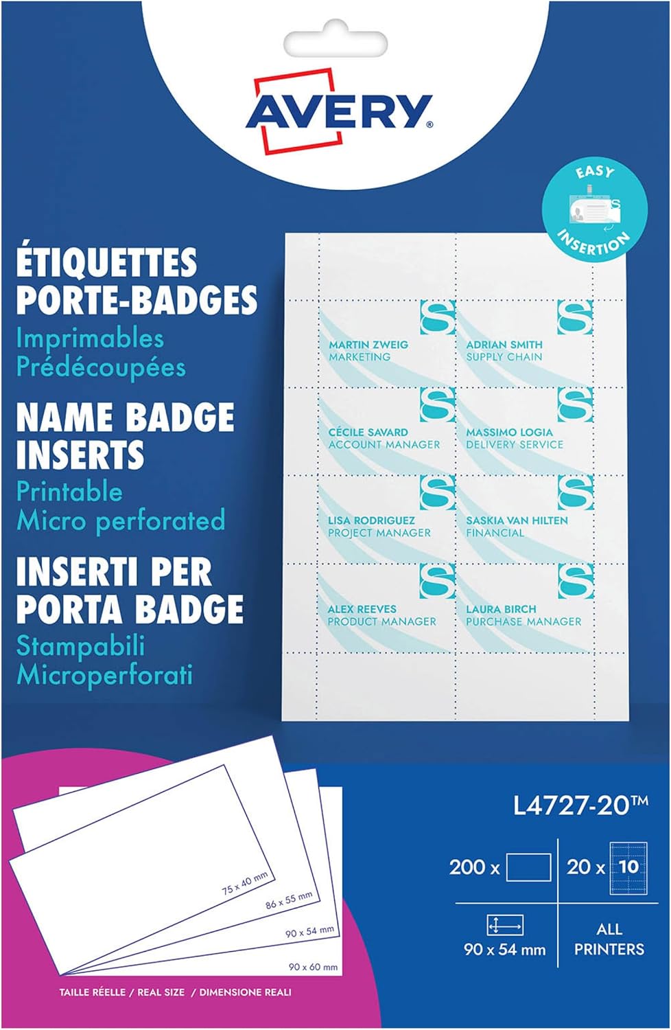 AVERY Pochette 200 inserts badges 90x54