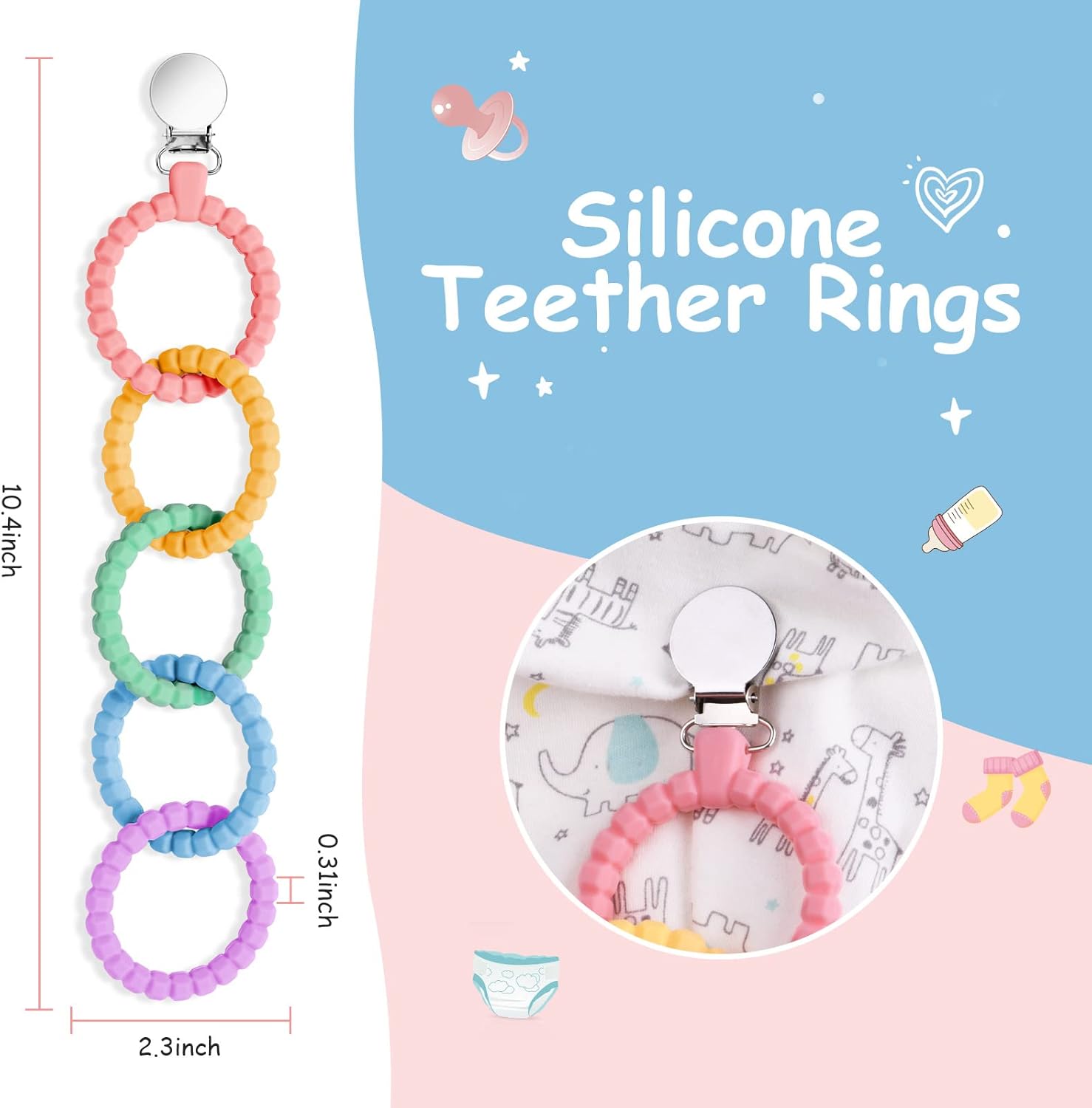 Thumbnail 2 de Vicloon Anello per Dentizione: Massaggiagengive in silicone con 5 anelli e clip per ciuccio