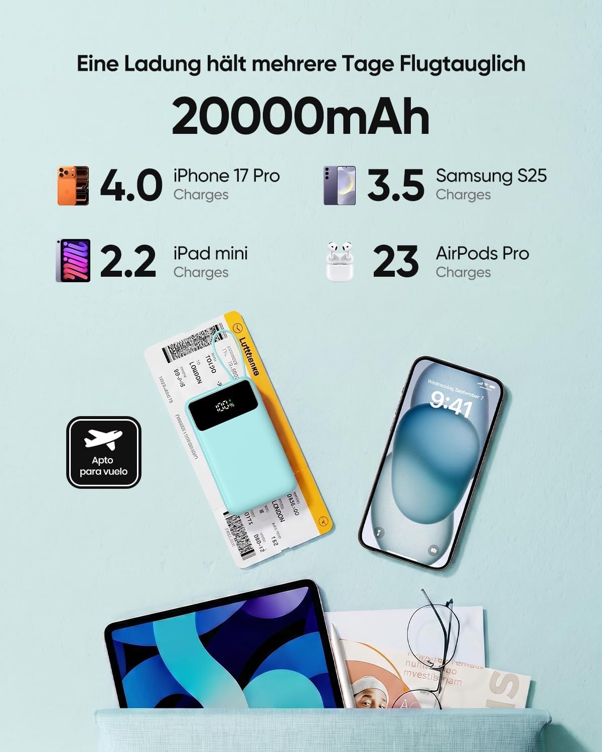 Detalle de A ADDTOP 20000mAh Power Bank – Ultra kompakt mit 4 integrierten Kabeln und 22,5W Schnellladen, Rosa