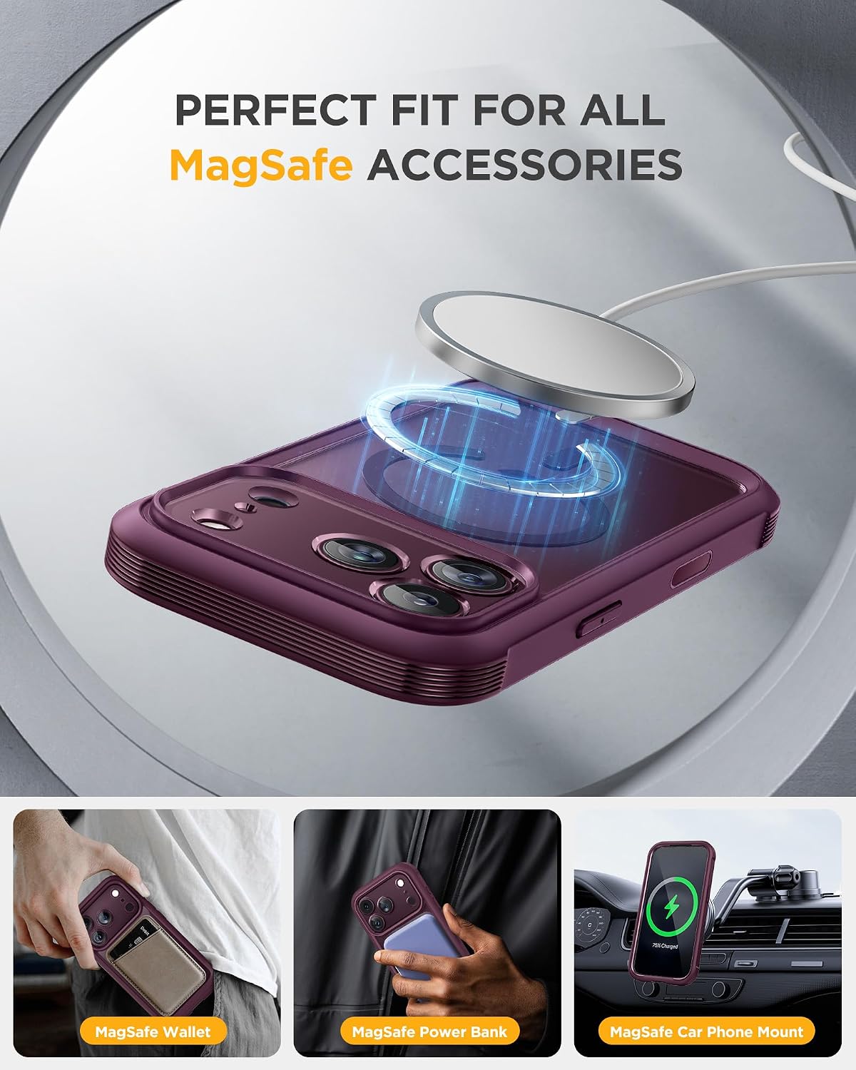 Thumbnail 6 de Miracase iPhone 18 Pro Max Case with Privacy Glass, MagSafe, Burgundy