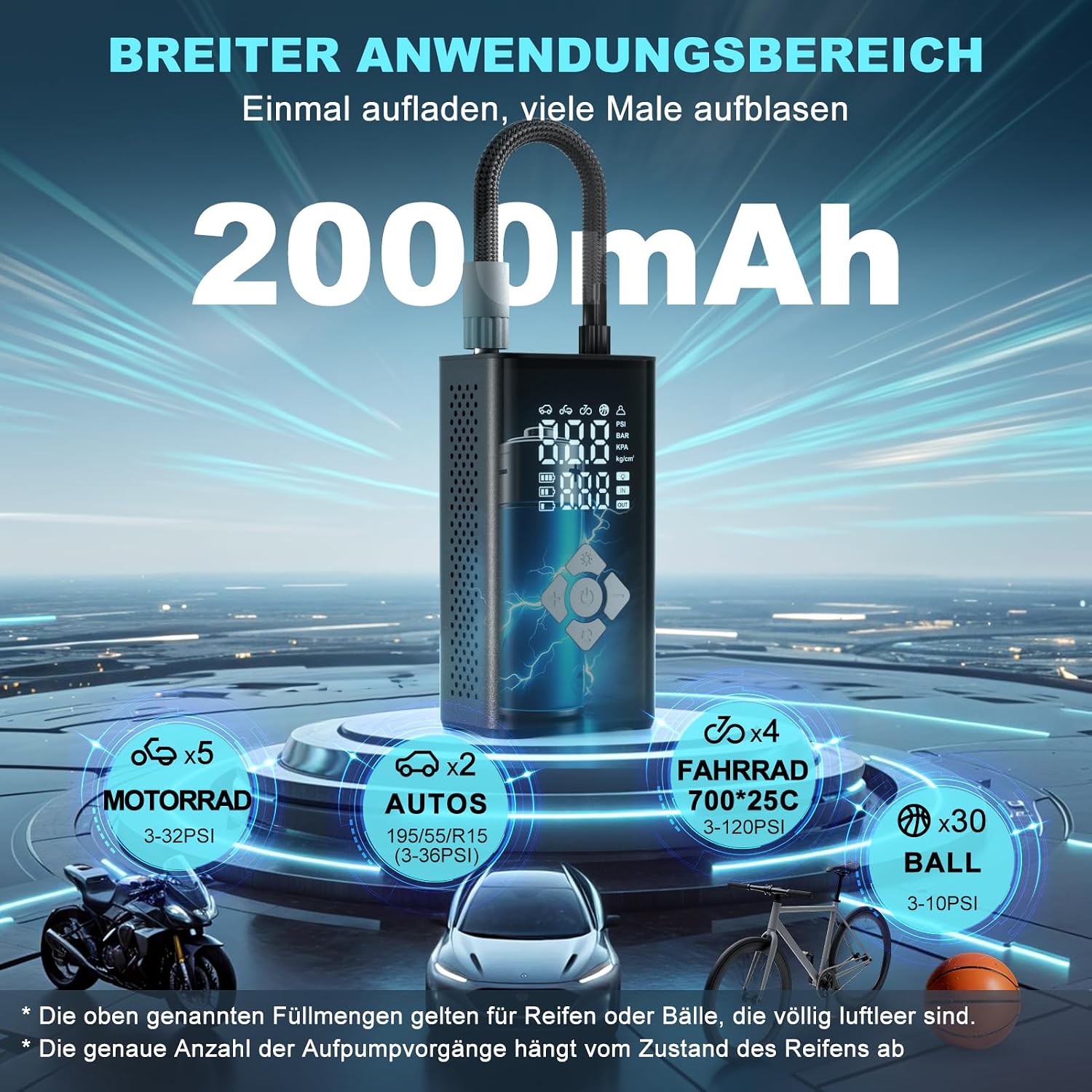 Detalle de TECHCYC Elektrische Luftpumpe Fahrradpumpe 150 PSI – Mini-Kompressor mit Auto-Stopp, LED-Licht & USB-C-Akkupower