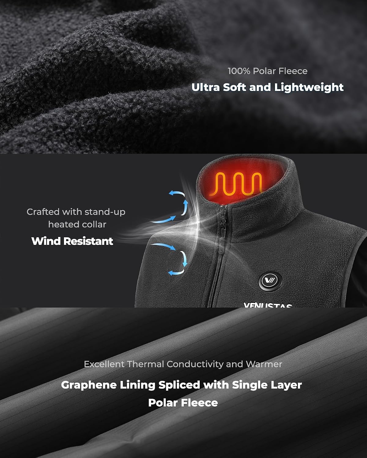 Detalle 2 de Venustas Venustas-6000 Men's Heated Fleece Vest, 6 Zones, Collar Heating