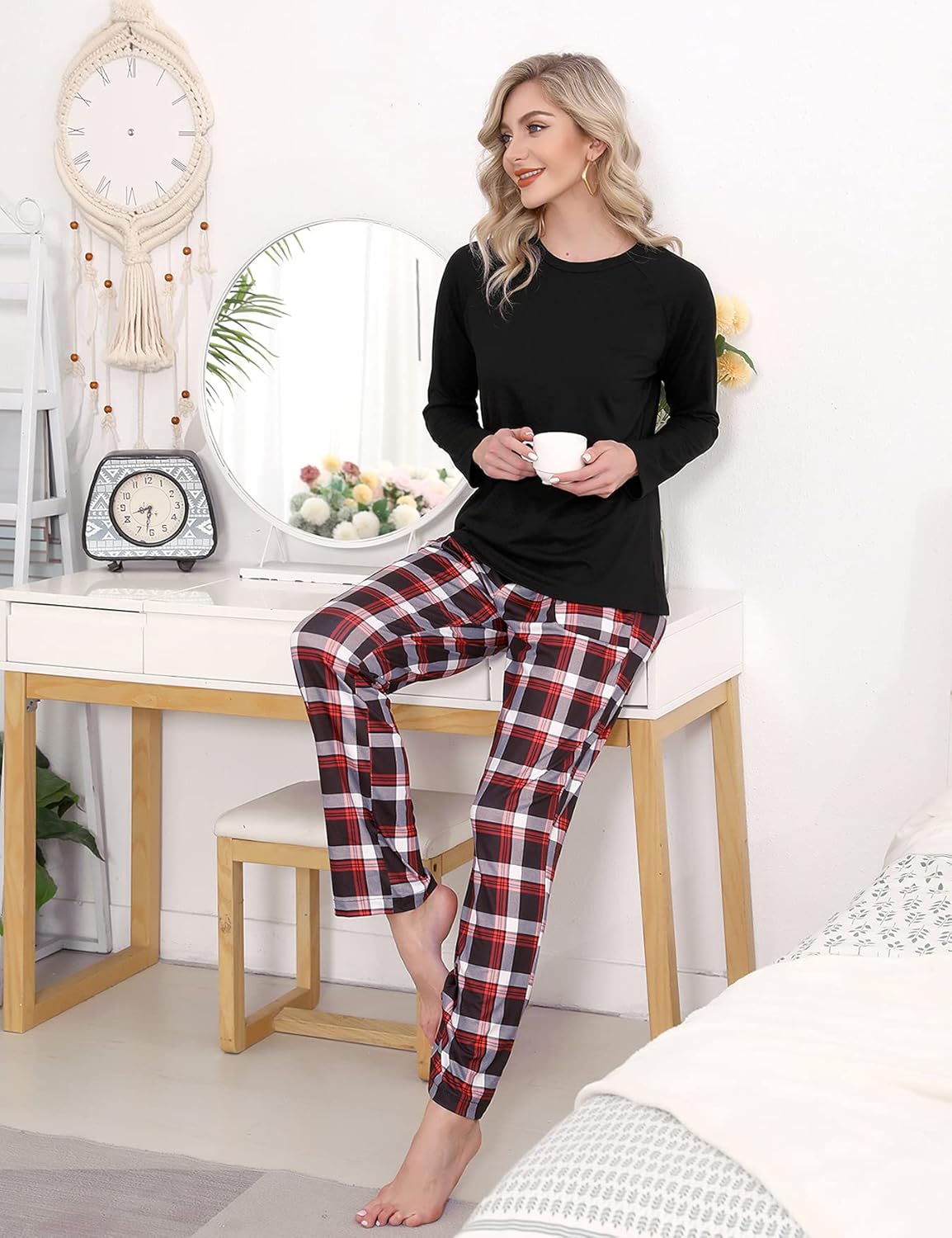 Detalle de Uniexcosm Pijama Mujer Cuadros Algodón 2 Piezas