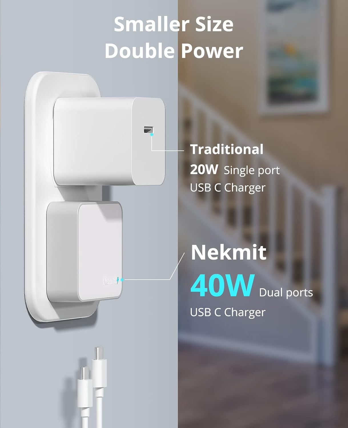 Detalle de Nekmit Dual Port 40W USB-C Wall Charger with GaN II | 2 PD Ports for iPhone, MacBook Air, Galaxy & More