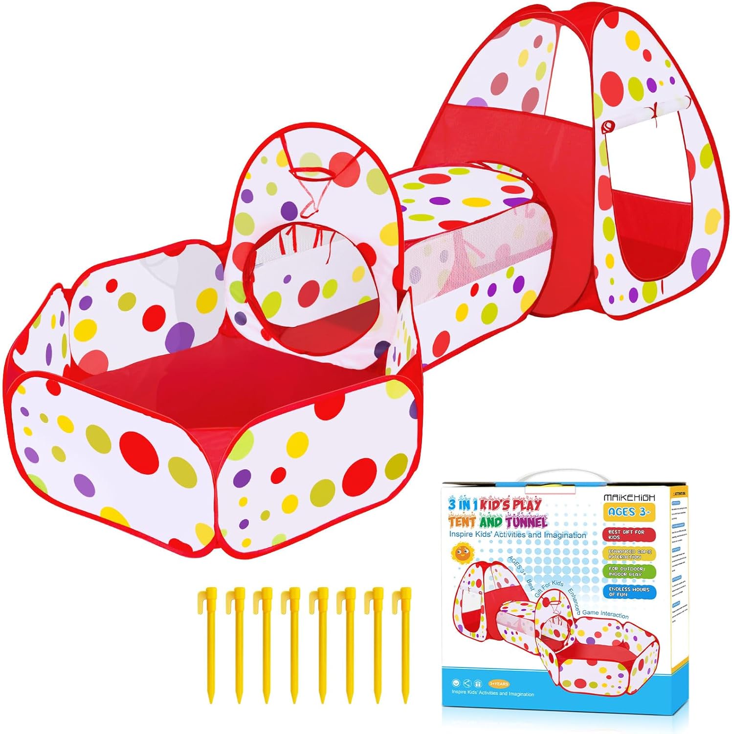 MAIKEHIGH 3 in 1 Kids Play Tent with Pop-Up Crawl Tunnel & Ball Pit (Foldable Indoor/Outdoor Playhouse)