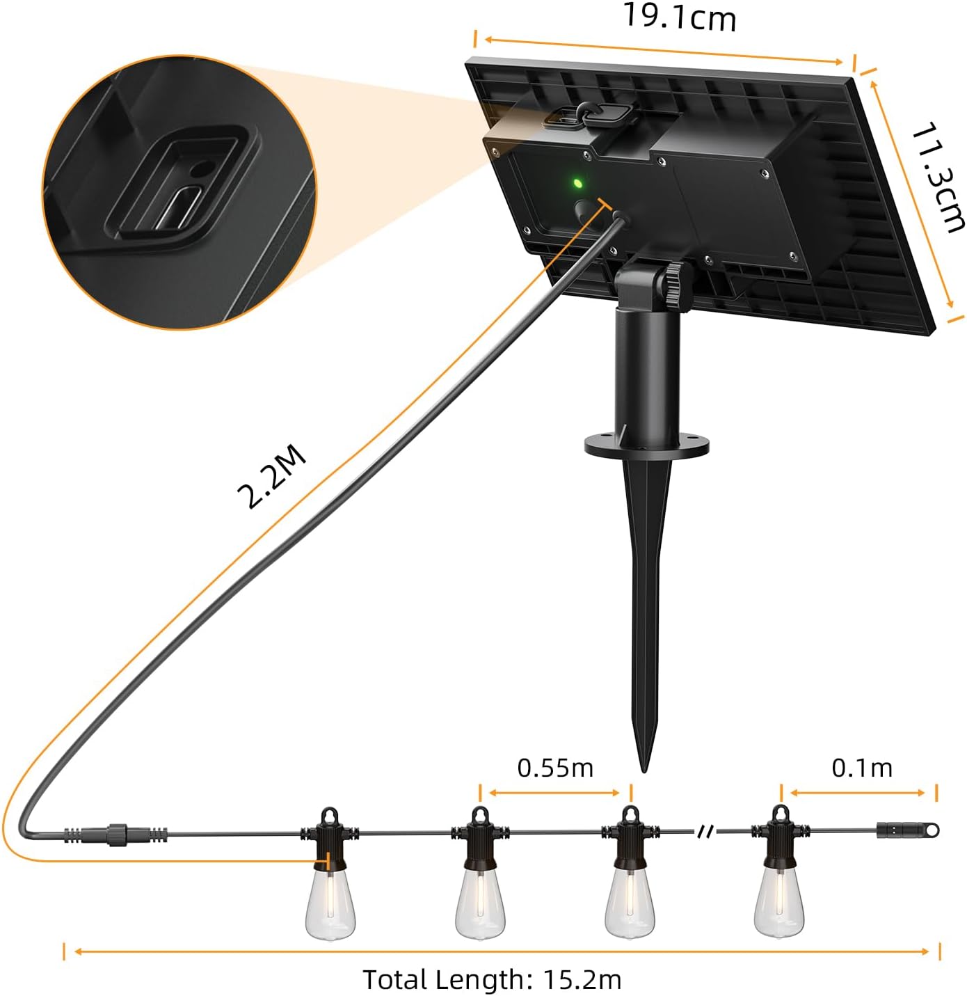 Thumbnail 5 de Kawaya Solar Lights Outdoor Garden with USB Charge — 50ft Festoon Light with 25+2 LED Bulbs (Warm White)