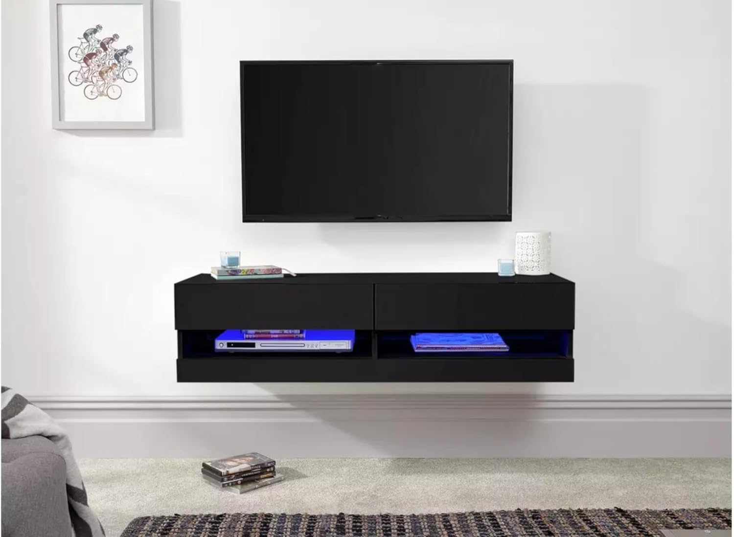 Thumbnail 2 de GFW Galicia Wall Mounted High Gloss TV Unit with LED Downlight (120cm, Black)
