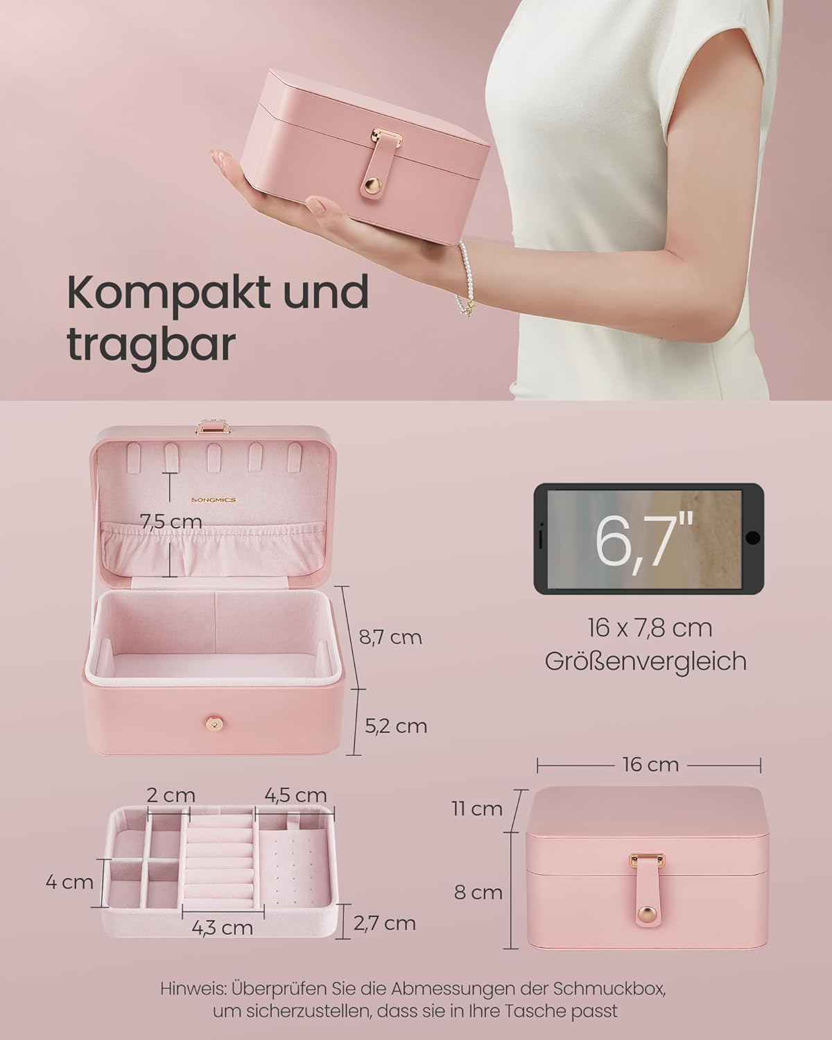 Detalle de SONGMICS Schmuckkästchen Reise JBC166R01 – kleines Schmuck-Organisationsetui mit 2 Ebenen