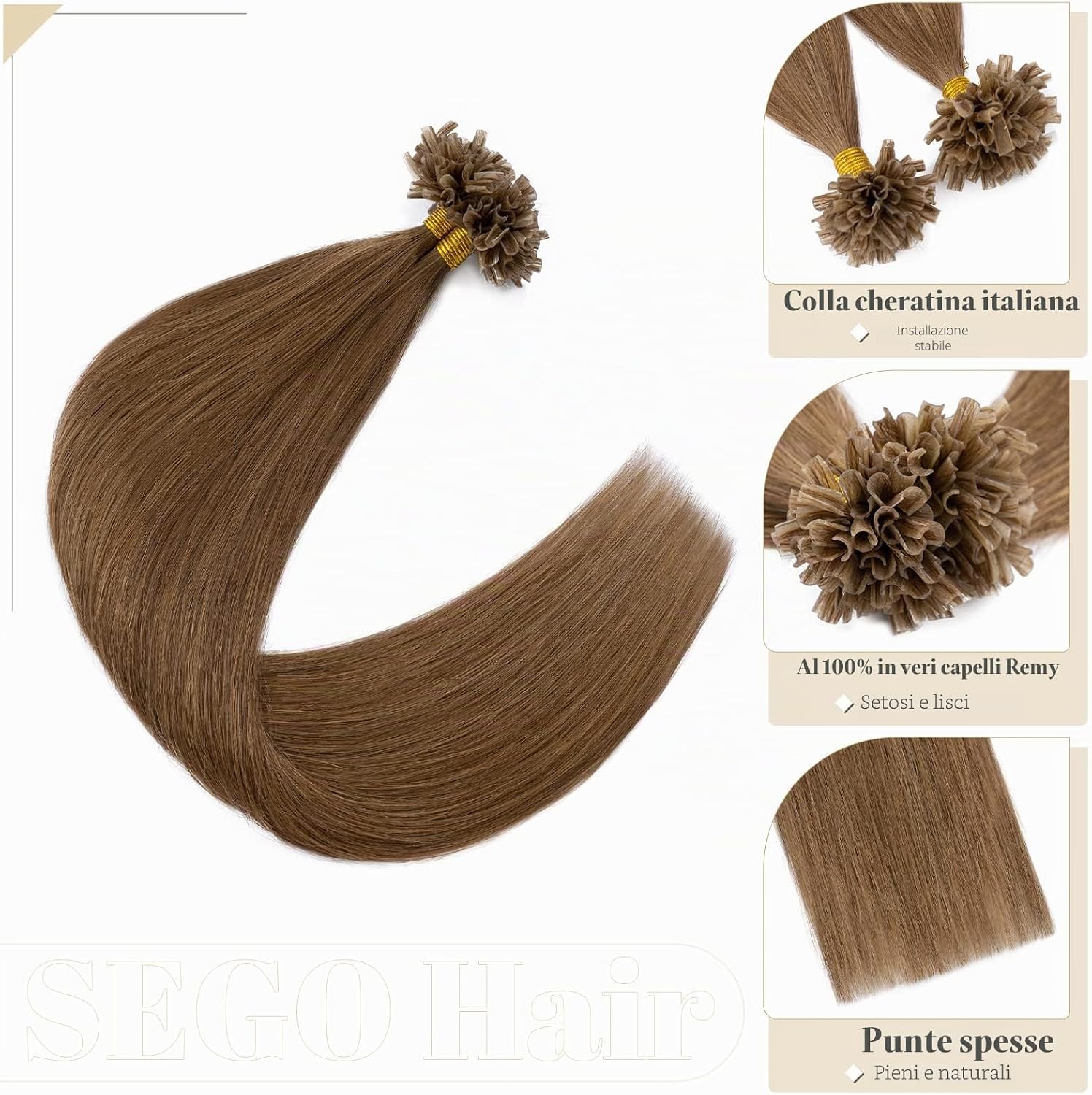 Thumbnail 1 de SEGO Extension Cheratina Capelli Veri 100 Ciocche 50g – 40 cm #6 Castano, Remy Indiani Naturali senza Clip