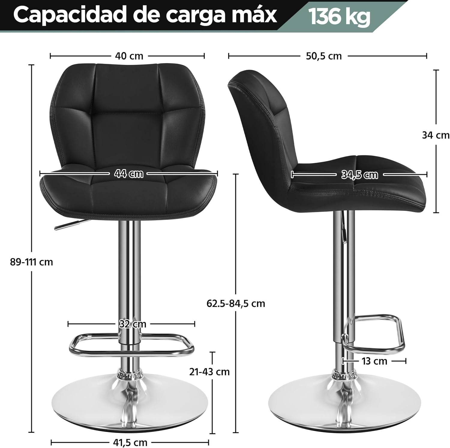 Thumbnail 2 de Yaheetech Taburete de Bar ajustable 89-111 cm