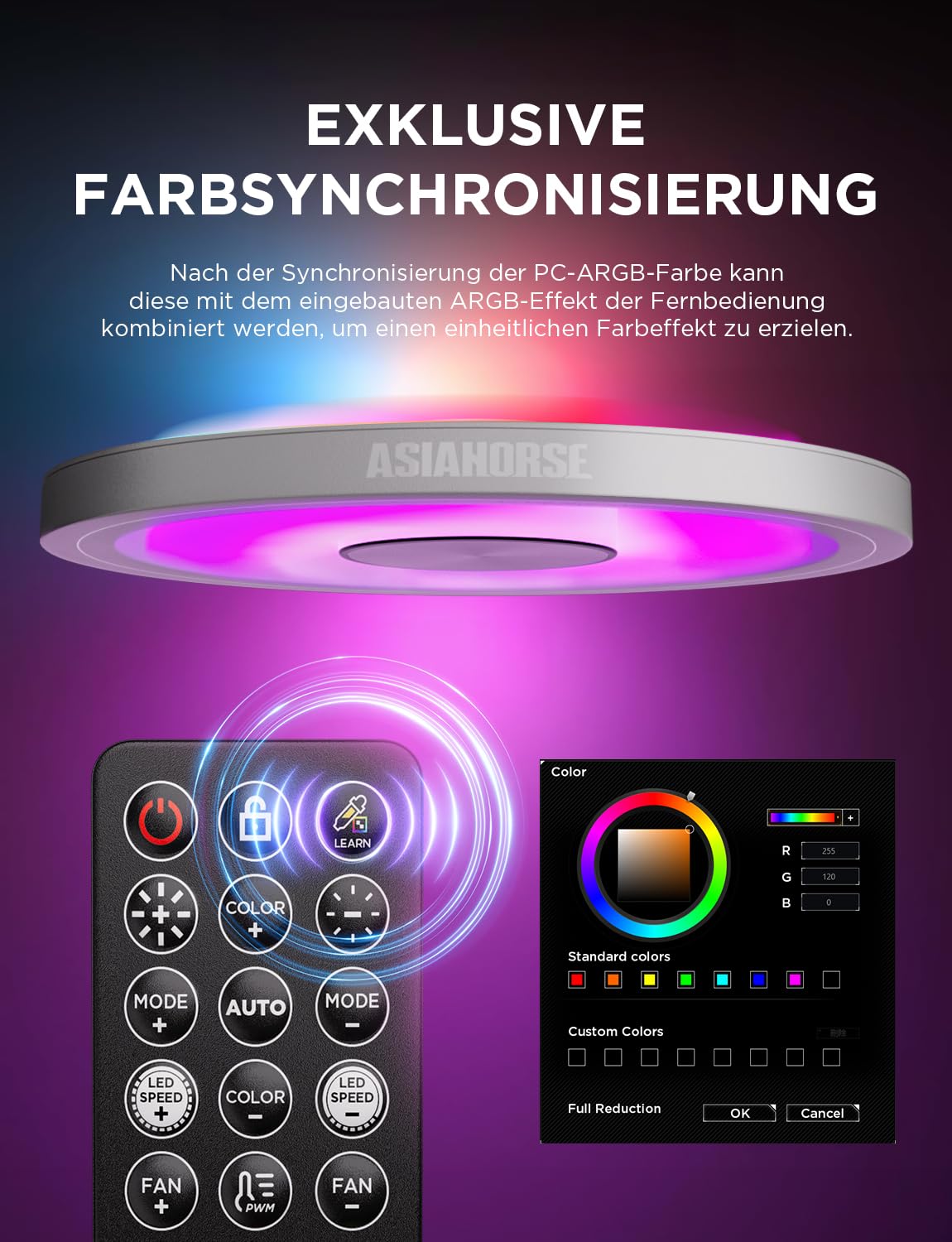 Detalle de AsiaHorse ASH-S1 ARGB PWM PC Lüfter Hub mit Controller – 20 ARGB-Effekte und Learn Color