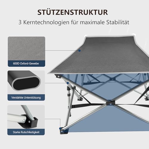 Detalle de Bonnlo Feldbett klappbar mit Matratze – XXL Campingbett aus Stahlrahmen und Oxford-Gewebe, 190 × 71 × 36 cm, Grau