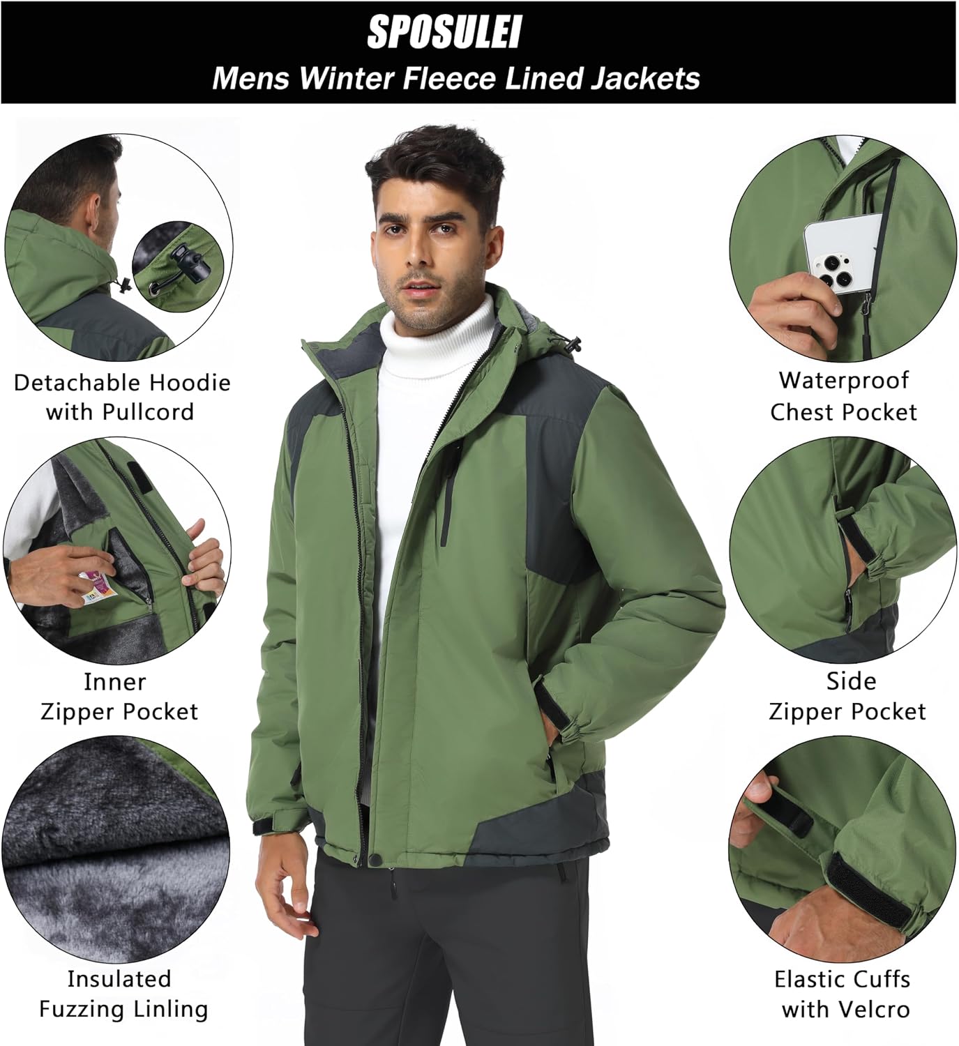 Thumbnail 4 de SPOSULEI Herren Winter-Fleecejacke mit Wetterschutz, abnehmbarer Kapuze und Utility-Taschen