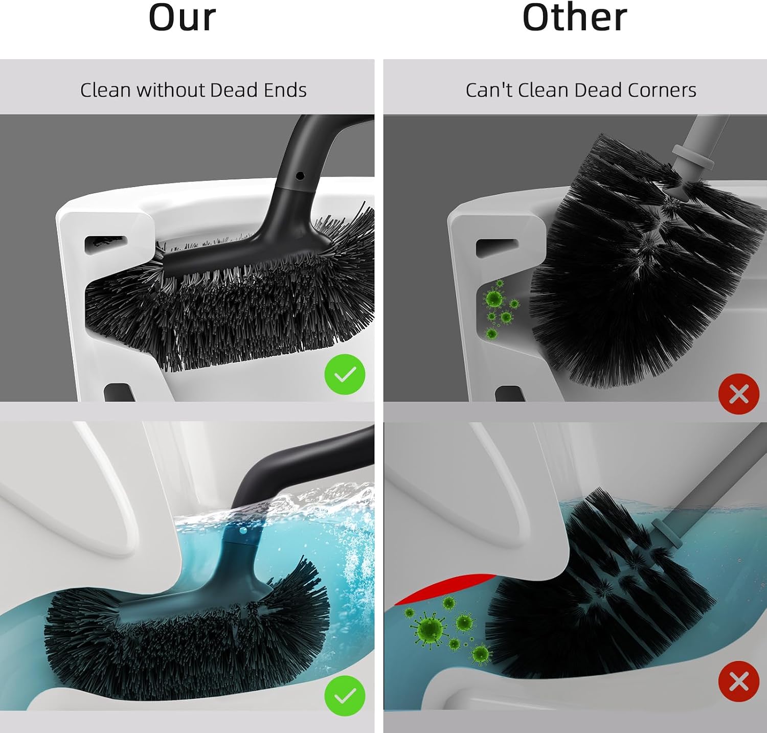 Detalle de HAMITOR Toilet Bowl Brush Holder Set, S-Shaped Head, Long Handle, Black