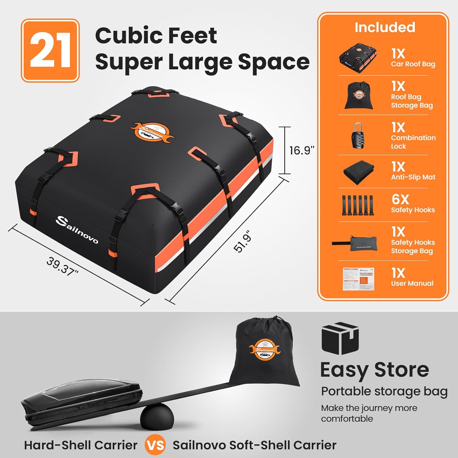 Thumbnail 1 de Sailnovo Coffre de Toit étanche 590L – 1000D PVC, 6 crochets et tapis antidérapant