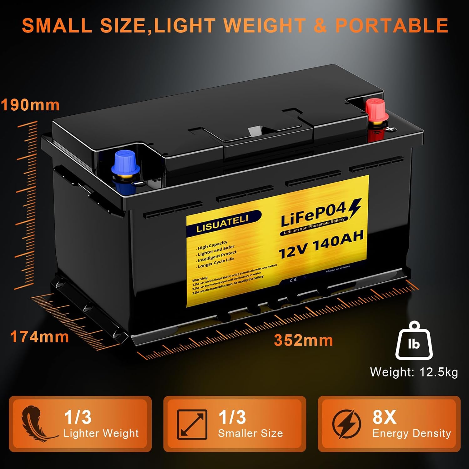 Detalle de LISUATELI 12V 140Ah LiFePO4 Batterie H190 mit Bluetooth 150A BMS – Deep Cycle für Wohnmobile, Solaranlagen und Marine