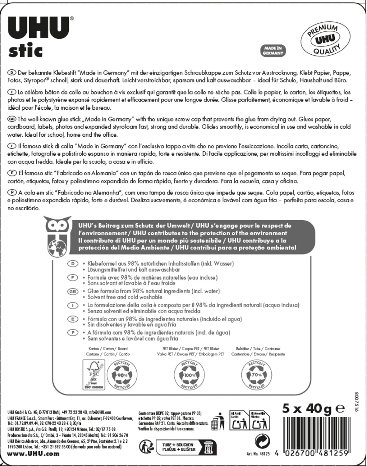 Detalle de UHU Stic – Bâton de Colle Sans Solvants | 98% d’origine naturelle