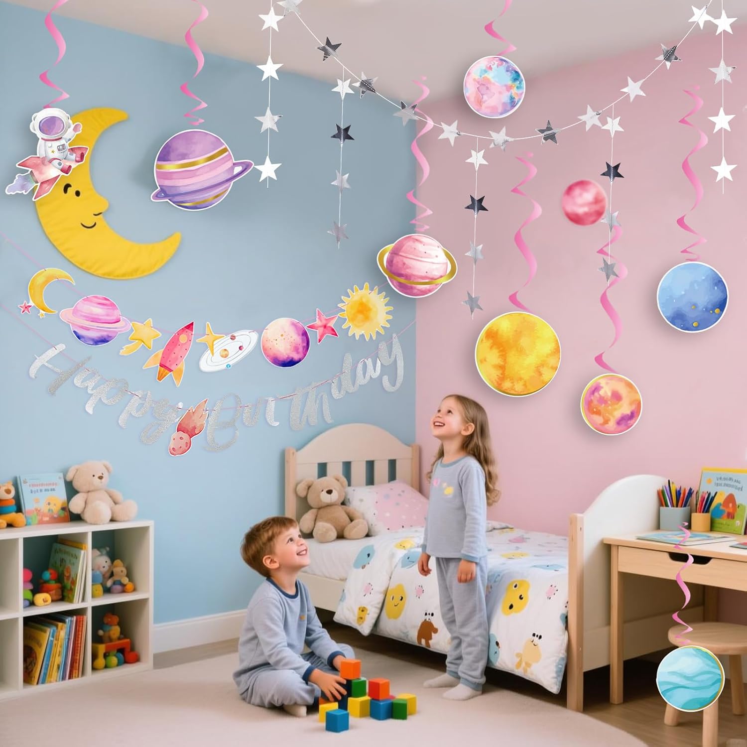 Thumbnail 6 de EASY JOY Weltraum Deko Happy Birthday Girlande 3D Papierdekoration Planet Spiralen Space Astronauten