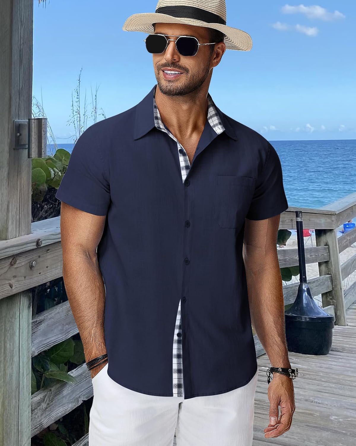 Detalle de HMIYA Herren Kurzarmhemd aus 100% Baumwolle im Button-Down-Stil für Sommer, Strand & Freizeit
