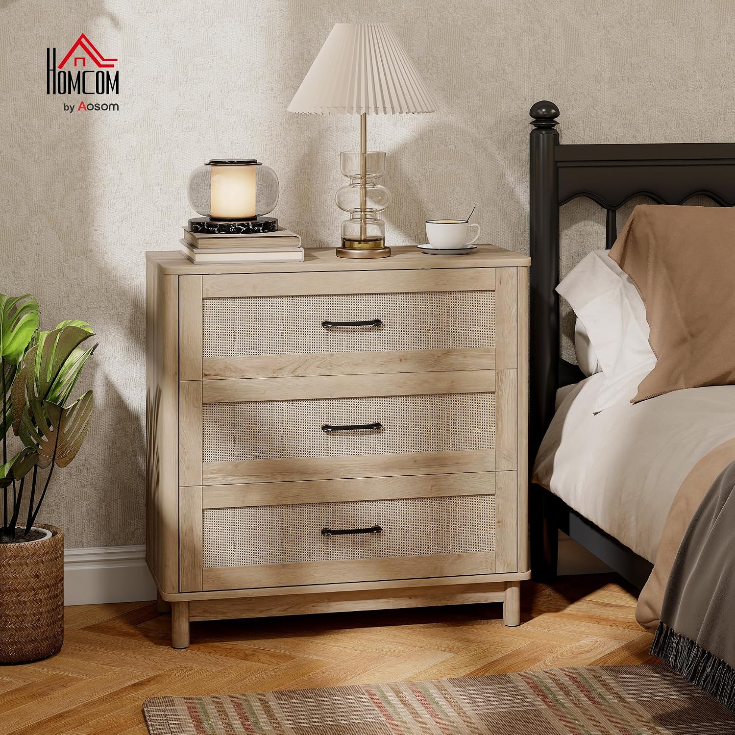 Detalle 2 de HOMCOM 83D-049V00AK Bohemian Rattan Chest of Drawers, Oak, 3 Drawers