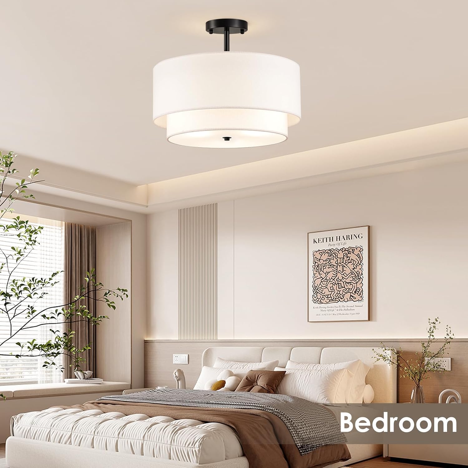 Detalle 2 de Maichixin 18-Inch Semi-Flush Mount Ceiling Light, 4-Light, White Fabric Shade