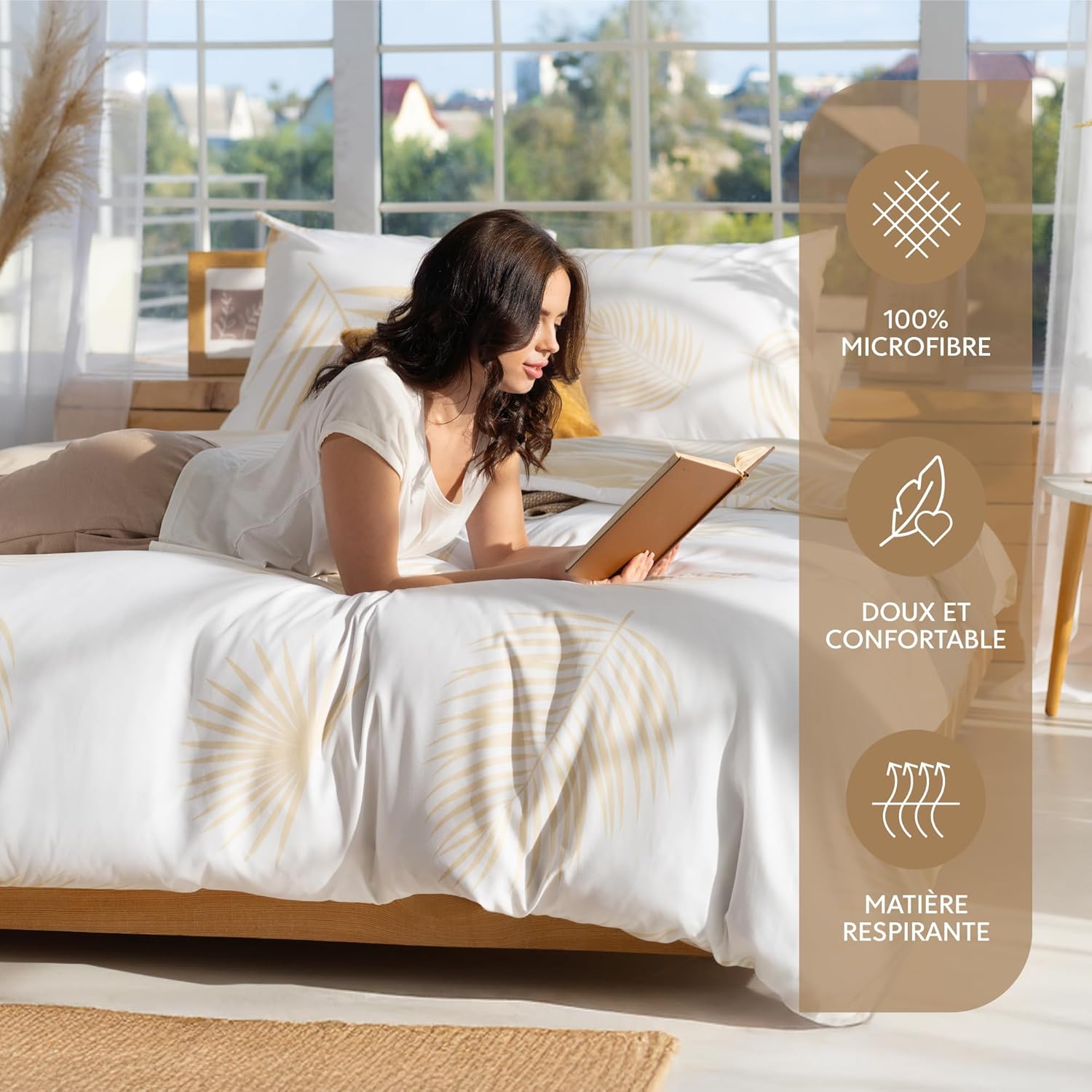 Thumbnail 1 de Dreamzie parure housse de couette 260 x 240 cm microfibre beige blanc avec 2 taies 65 x 65 cm