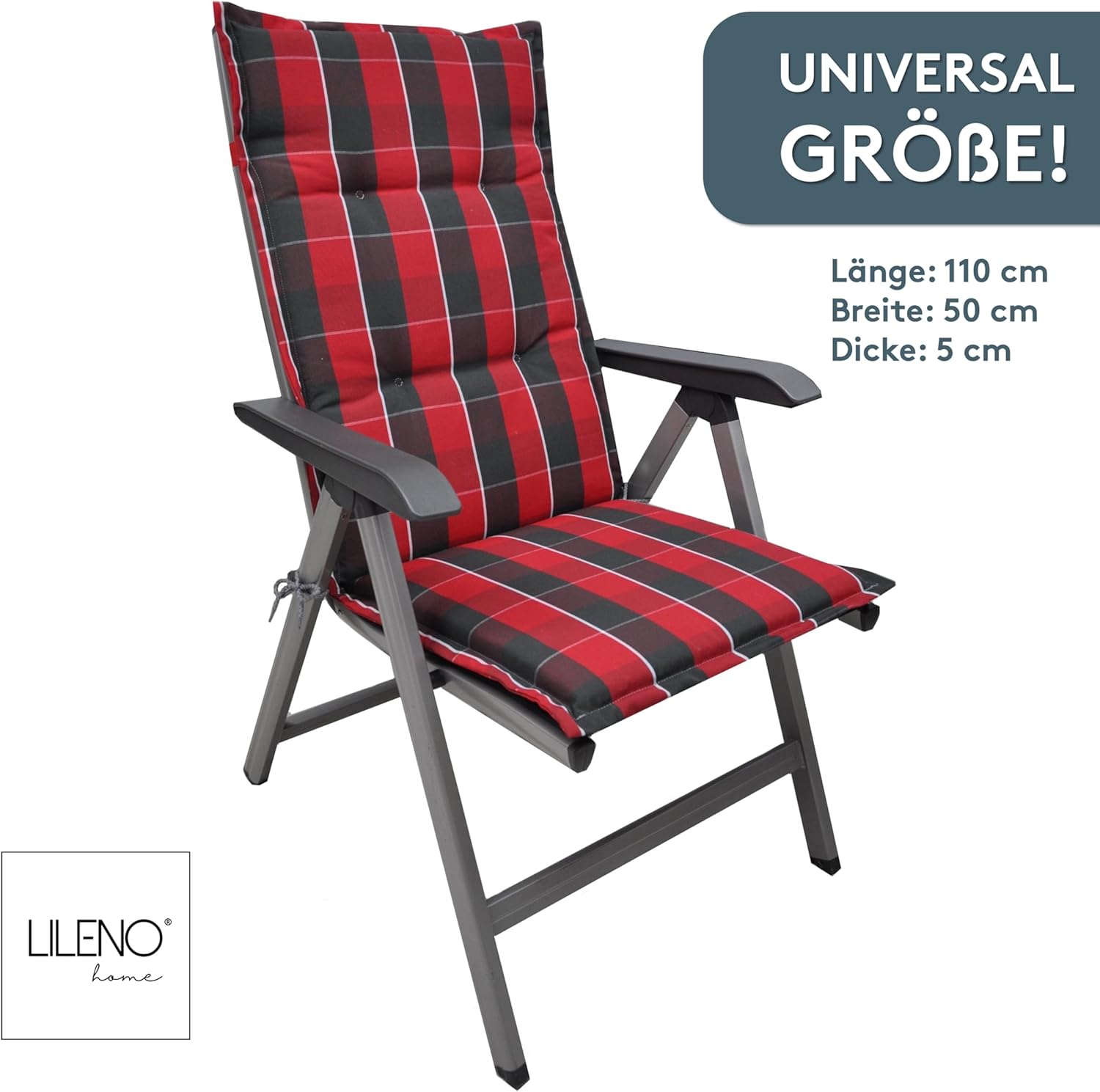 Detalle 2 de LILENO HOME Gartenstuhlauflagen 2er-Set Hochlehner in Karo Rot/Grau – Sitzpolster für Garten- und Klappstühle