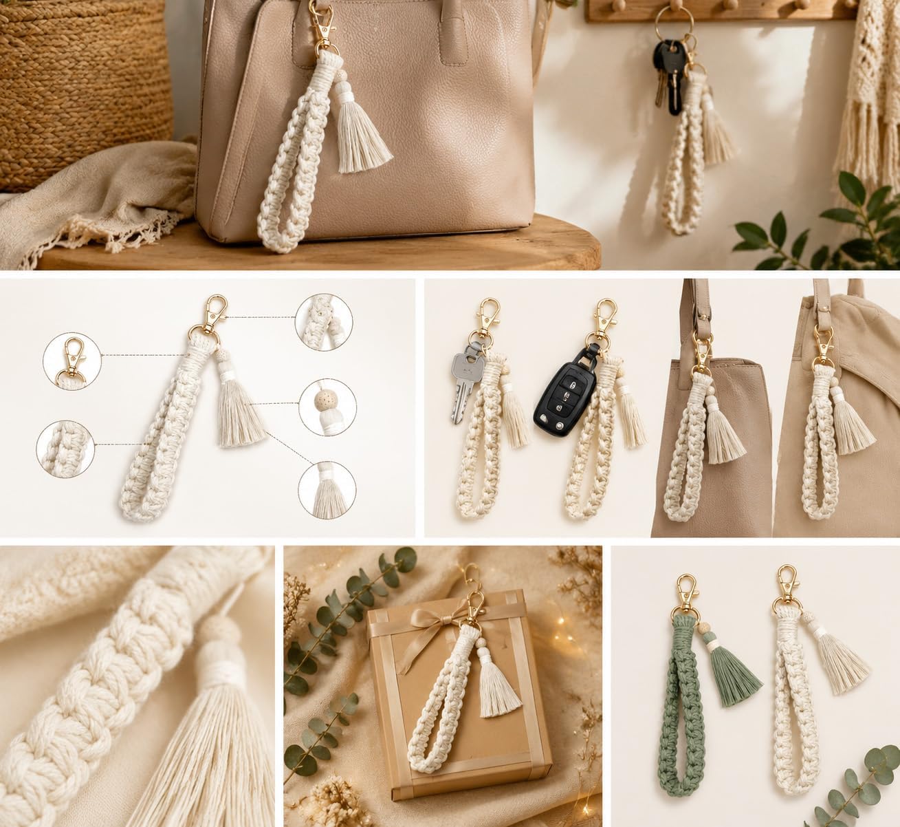 Thumbnail 6 de CHUQING Lot de 2 porte-clés en macramé fait à la main – blanc, 15 cm