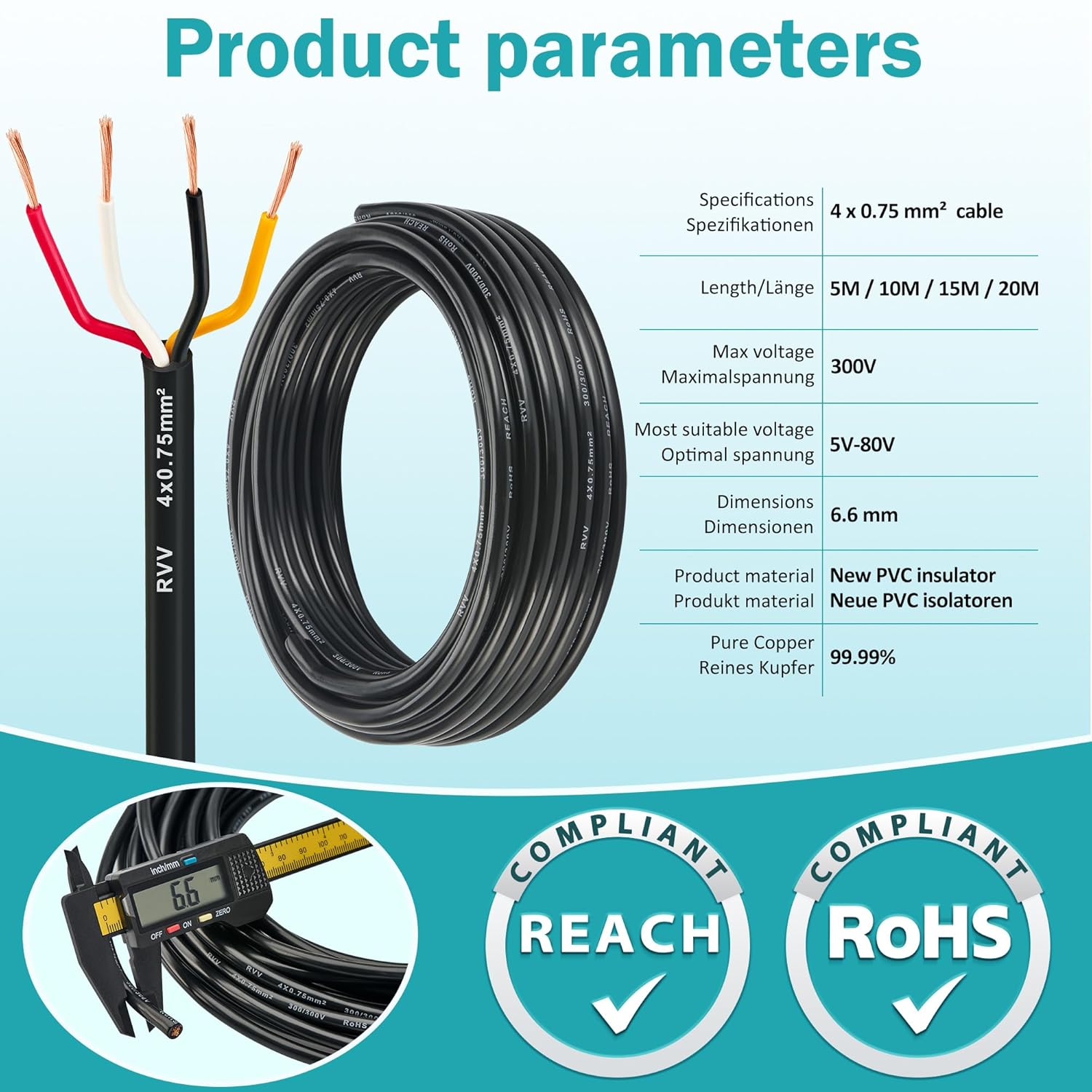 Detalle 2 de DARKGUARD 4 Core Trailer Cable 0.75mm², 5M – 12V/24V LED Wiring for Trailers, Caravans and Outdoor use