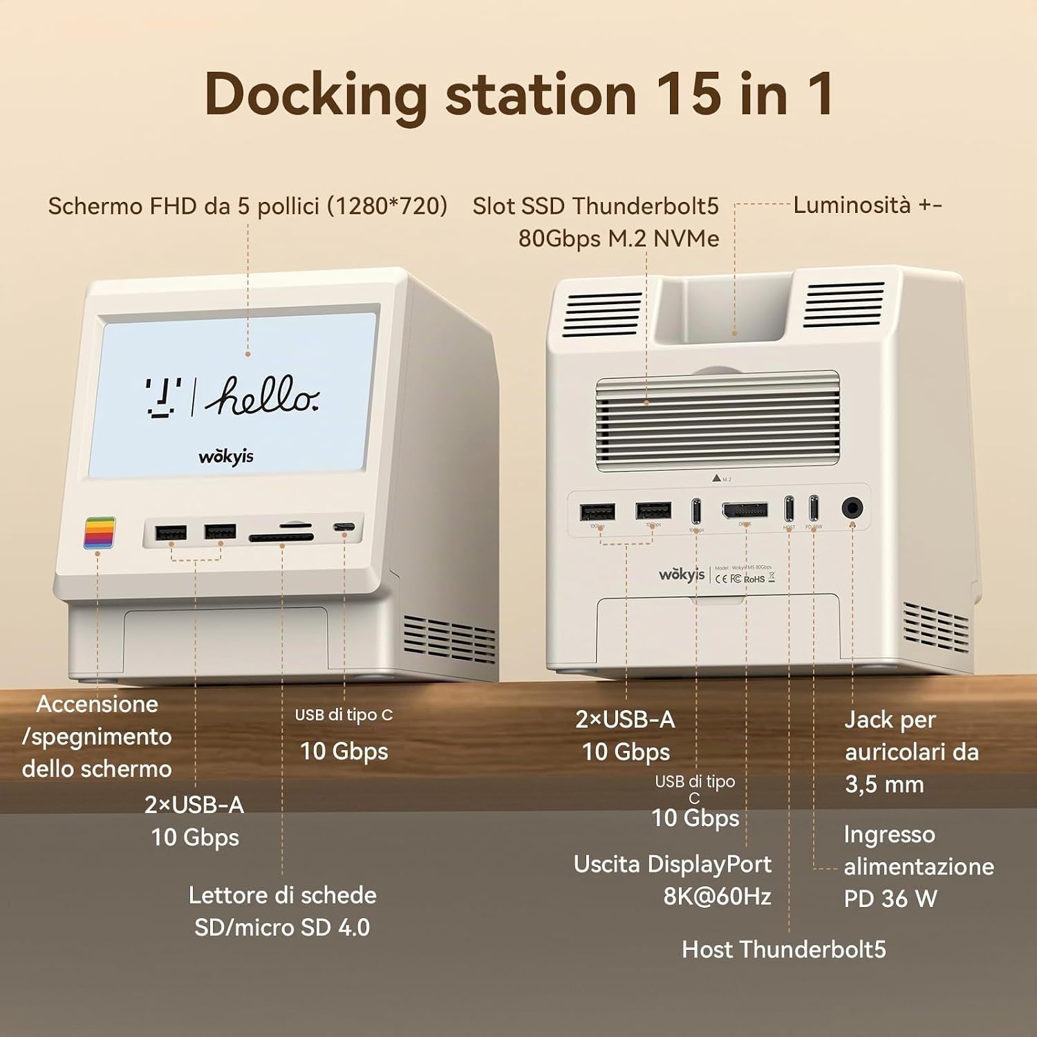 Detalle 2 de Wokyis M5 Retro Dock Station per Mac mini M4 Pro: hub Thunderbolt 80 Gbps con schermo integrato e raffreddamento