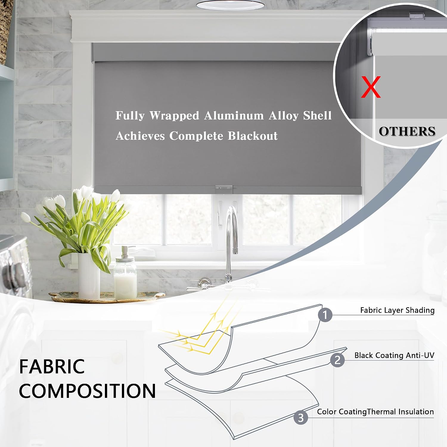 Detalle 2 de AOSKY Cordless Blackout Roller Shade, 20" x 72", Grey with Free-Stop Control