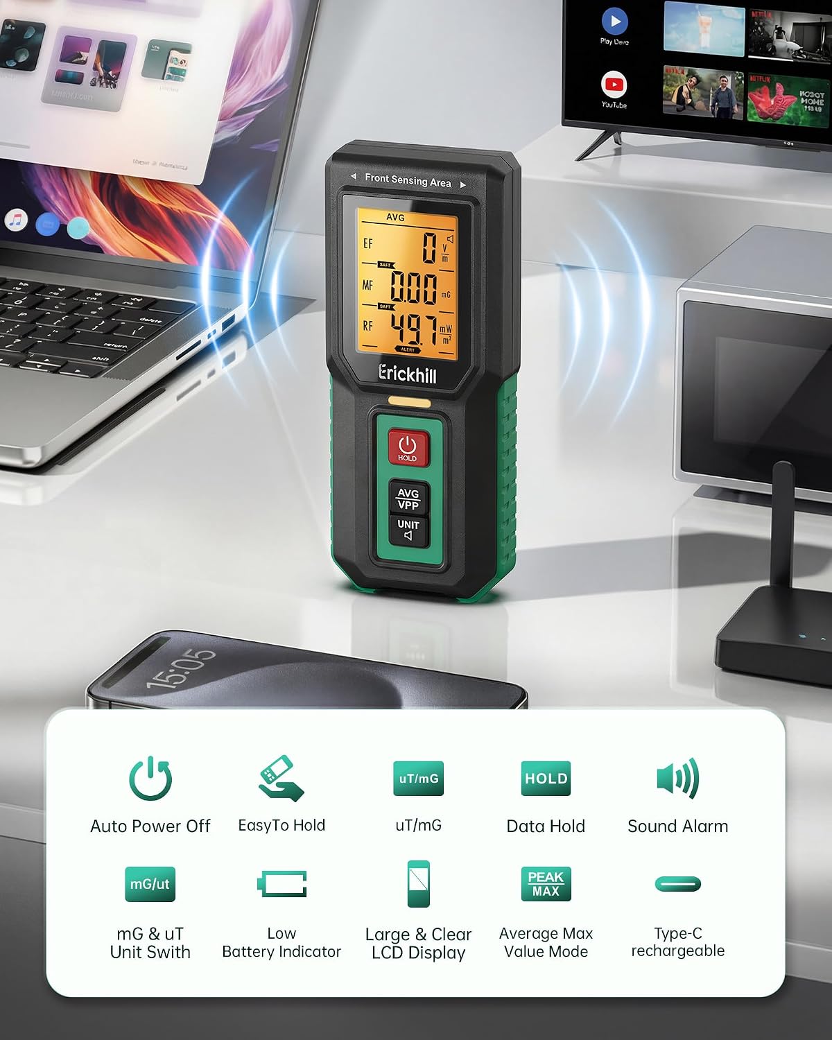 Thumbnail 1 de ERICKHILL EMF Meter 3-in-1: Tri-Axis EMF Reader with LCD Display and Triple Alarm