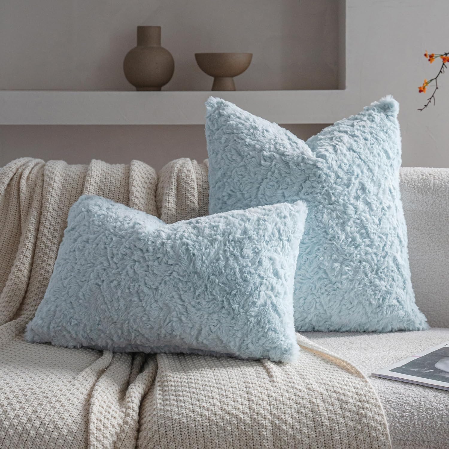 Thumbnail 2 de Neelvin 2er-Set Kissenbezüge aus Kunstfell, blau (60 x 60 cm)