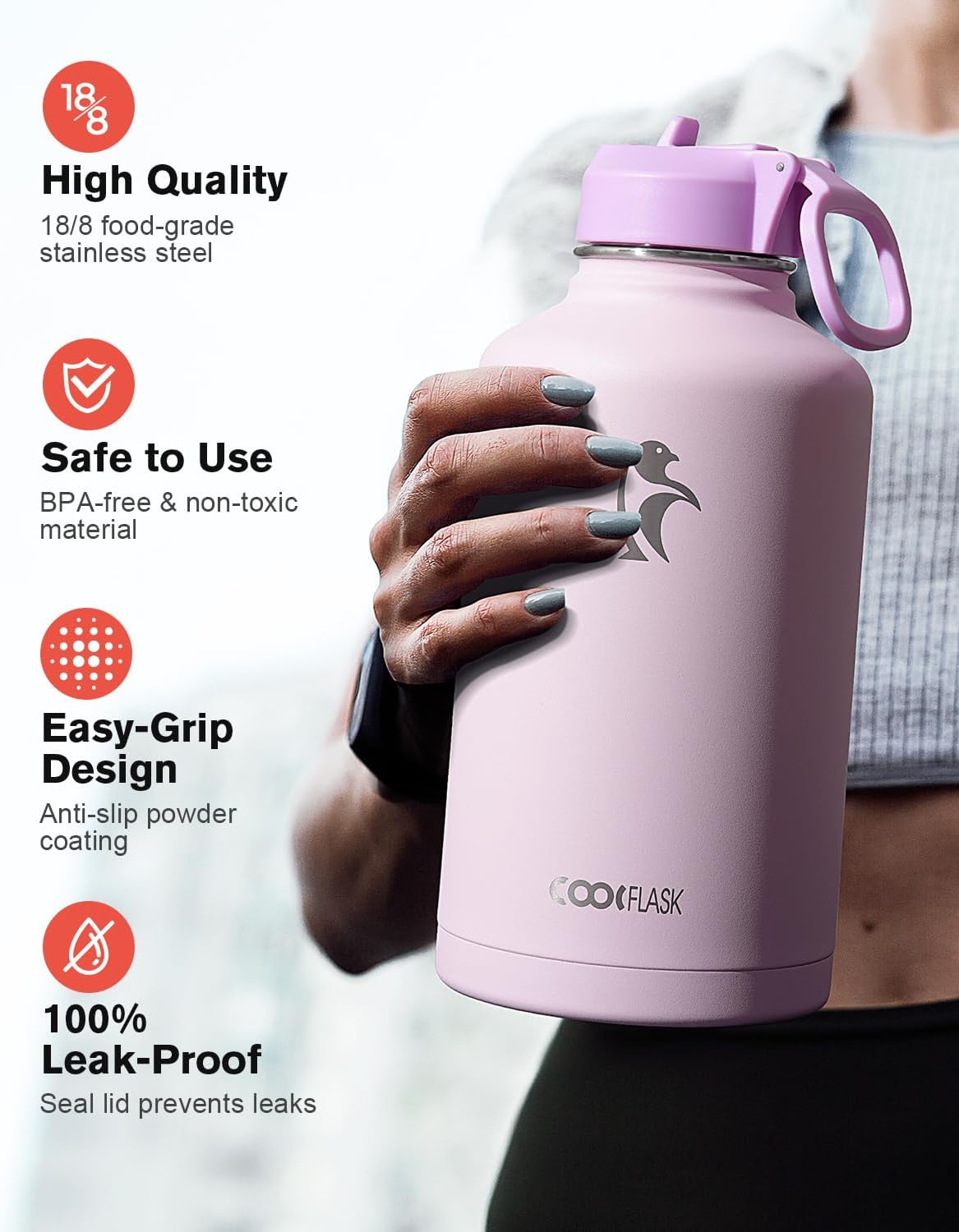 Detalle de Coolflask Half Gallon Insulated Water Bottle with Straw & 3 Lids (64 oz) — Pink
