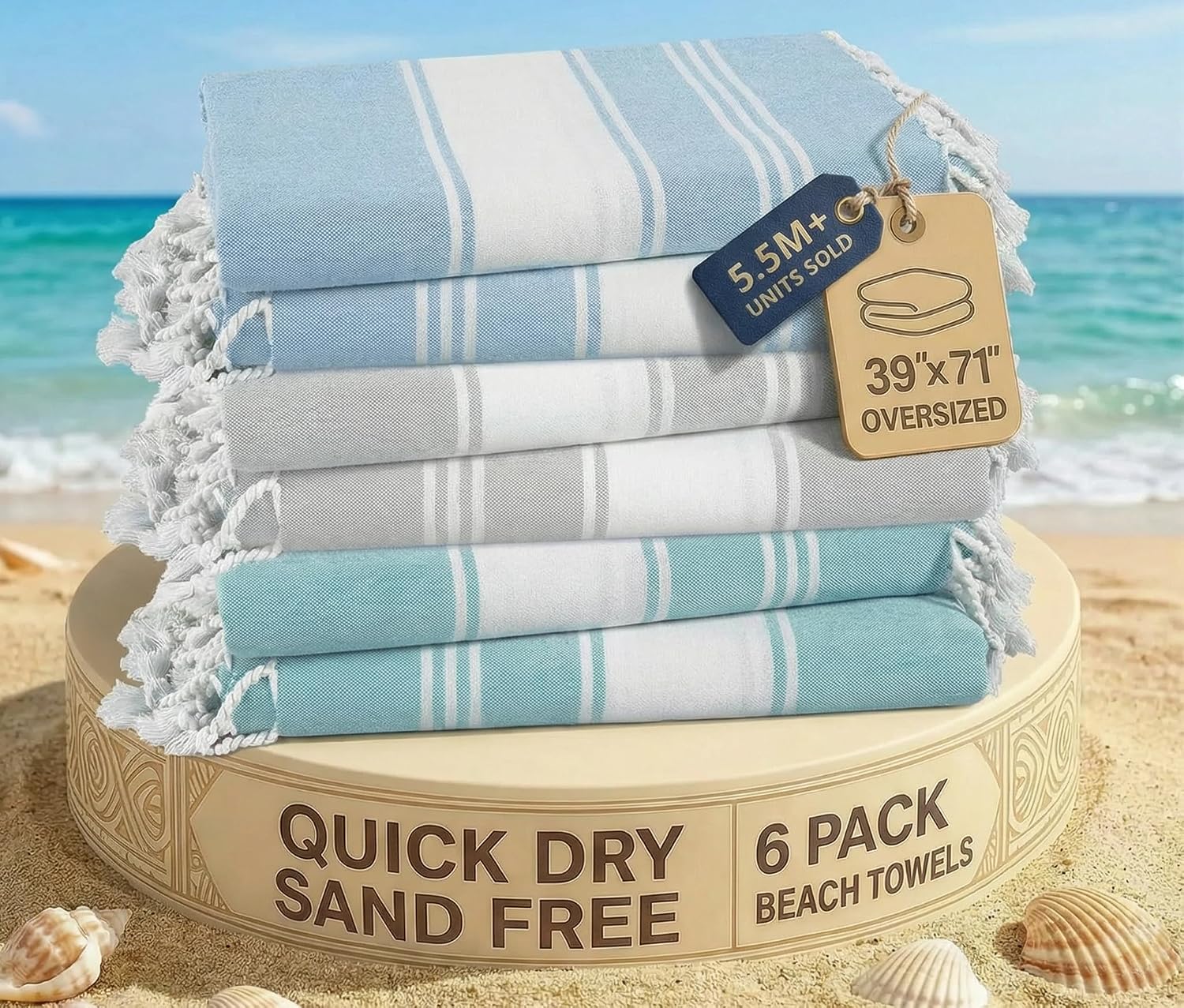 Detalle de Lane Linen Beach Towels (6-Pack) Sand-Free, Fast-Drying Oversized 39"x71