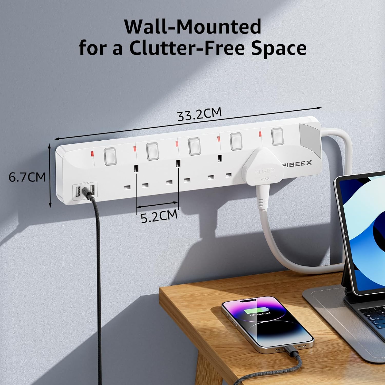 Thumbnail 5 de 10m Extension Lead with USB‑C (20W PD) and 4 Way Multi‑Plug – 13A Fused UK Plug with Individual Switches