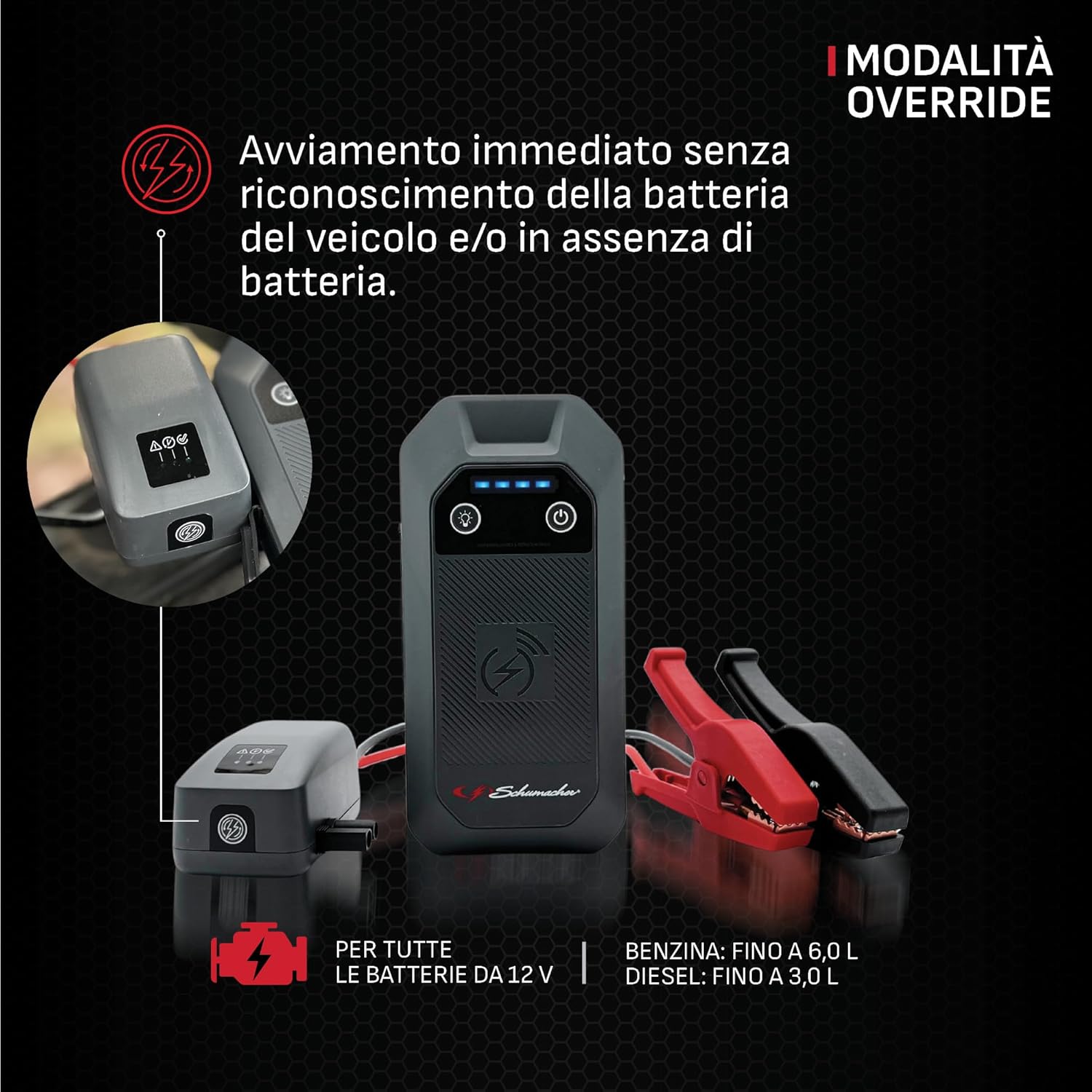 Detalle de Schumacher Compact SBX505: Avviatore Auto 1500A 12V con Booster Li‑Ion e Morsetti Sicuri